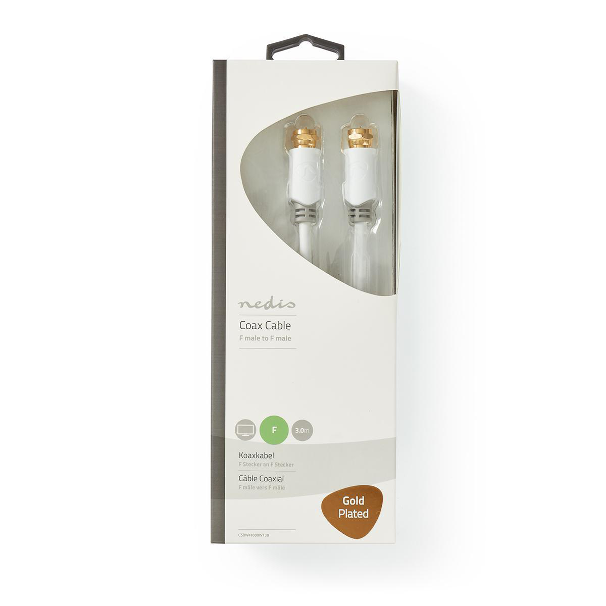 Biały kabel koncentryczny w opakowaniu, pozłacane złącza. Opakowanie ma czarno-biały design ze szczegółami produktu.
