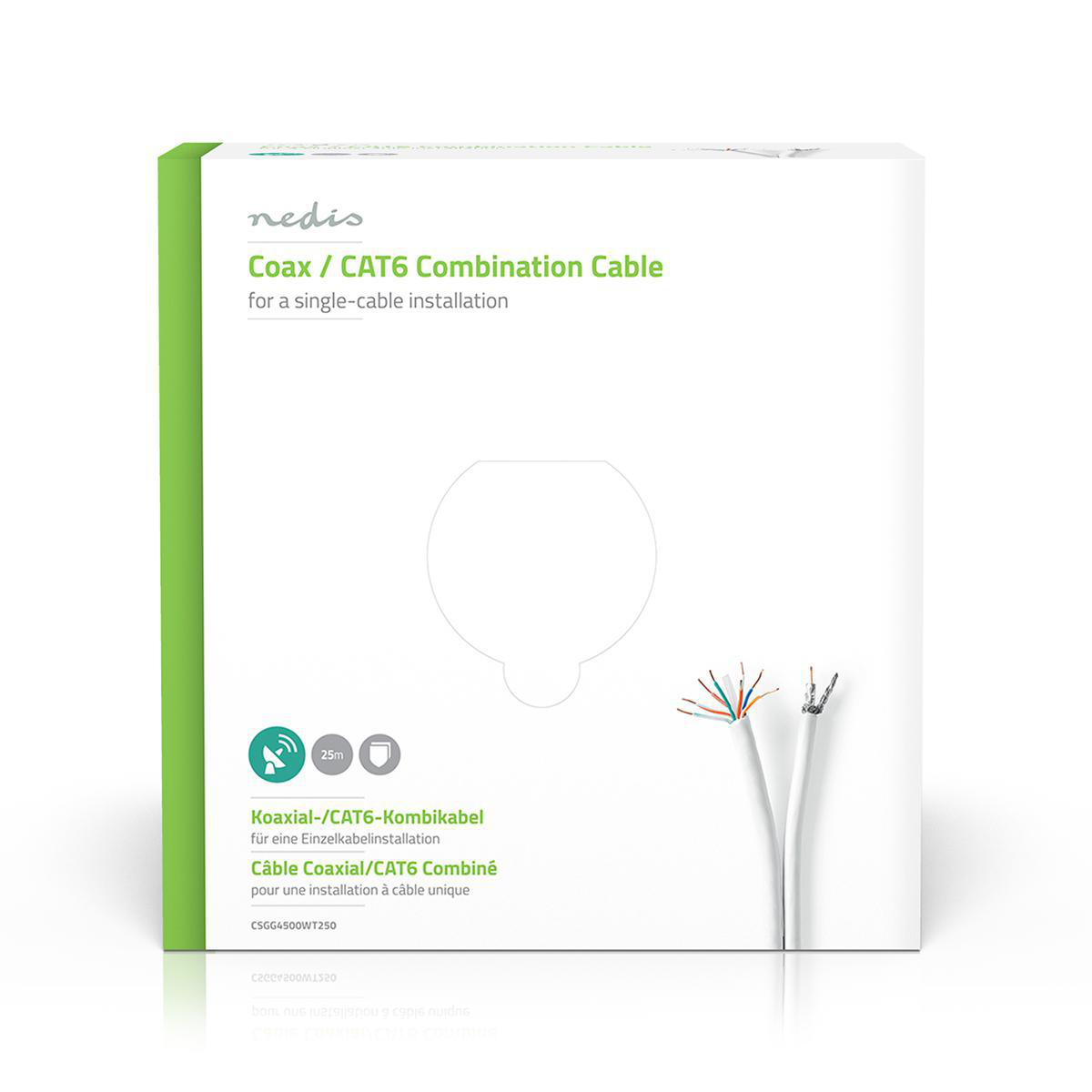 Białe pudełko z napisem 'Coax / CAT6 Combination Cable' z widocznymi końcówkami kabli.