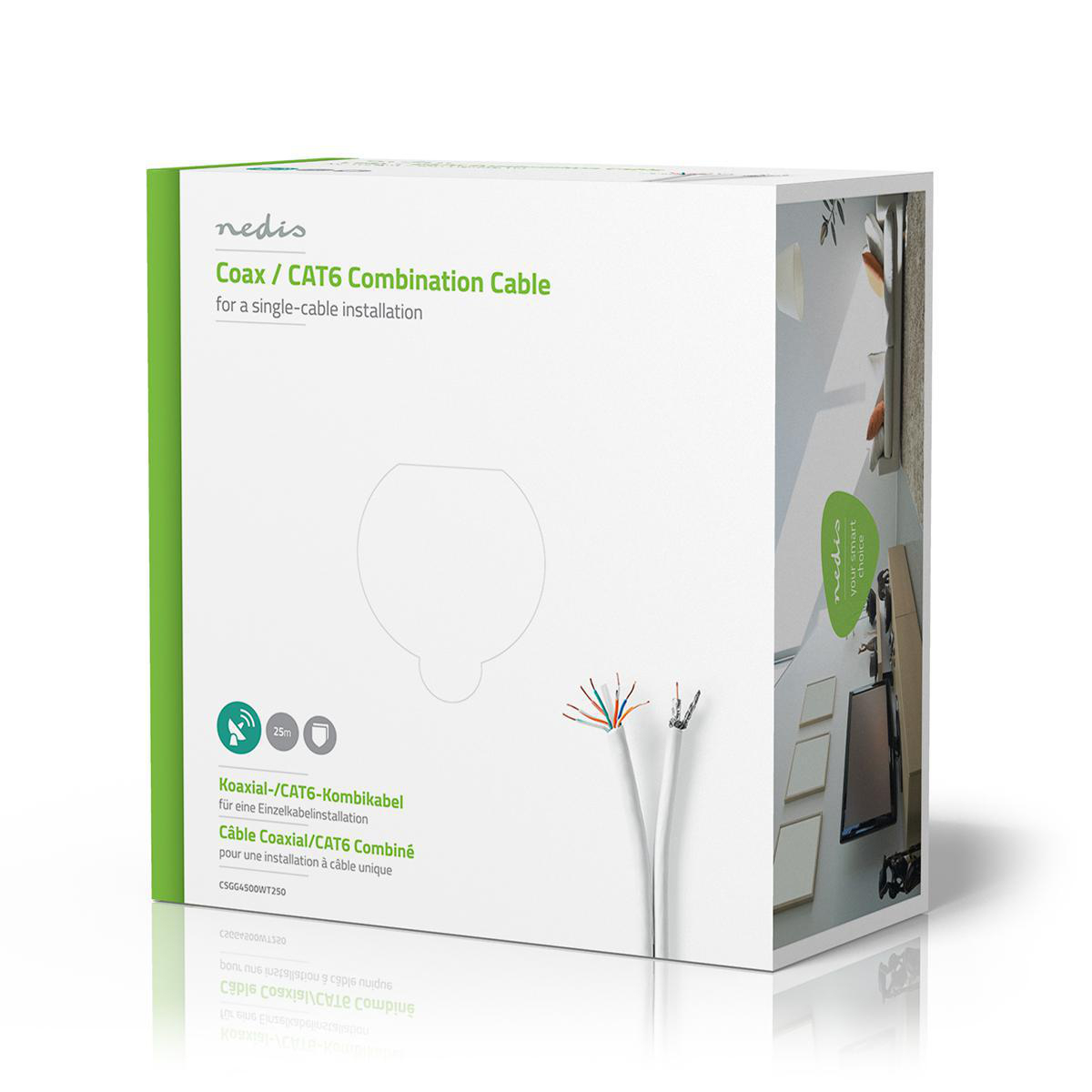 Białe pudełko ze schematem kabla, pokazujące kabel koncentryczny z instrukcją instalacji.