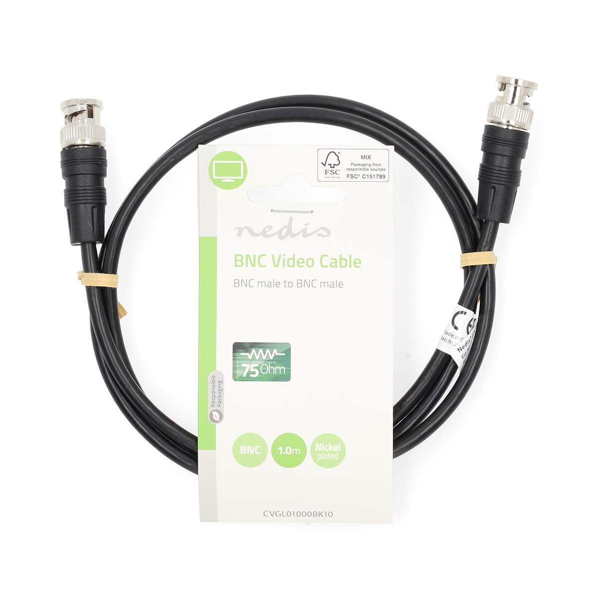 Ein schwarzes BNC-Videokabel in einer Verpackung, mit Details zum Kabel.