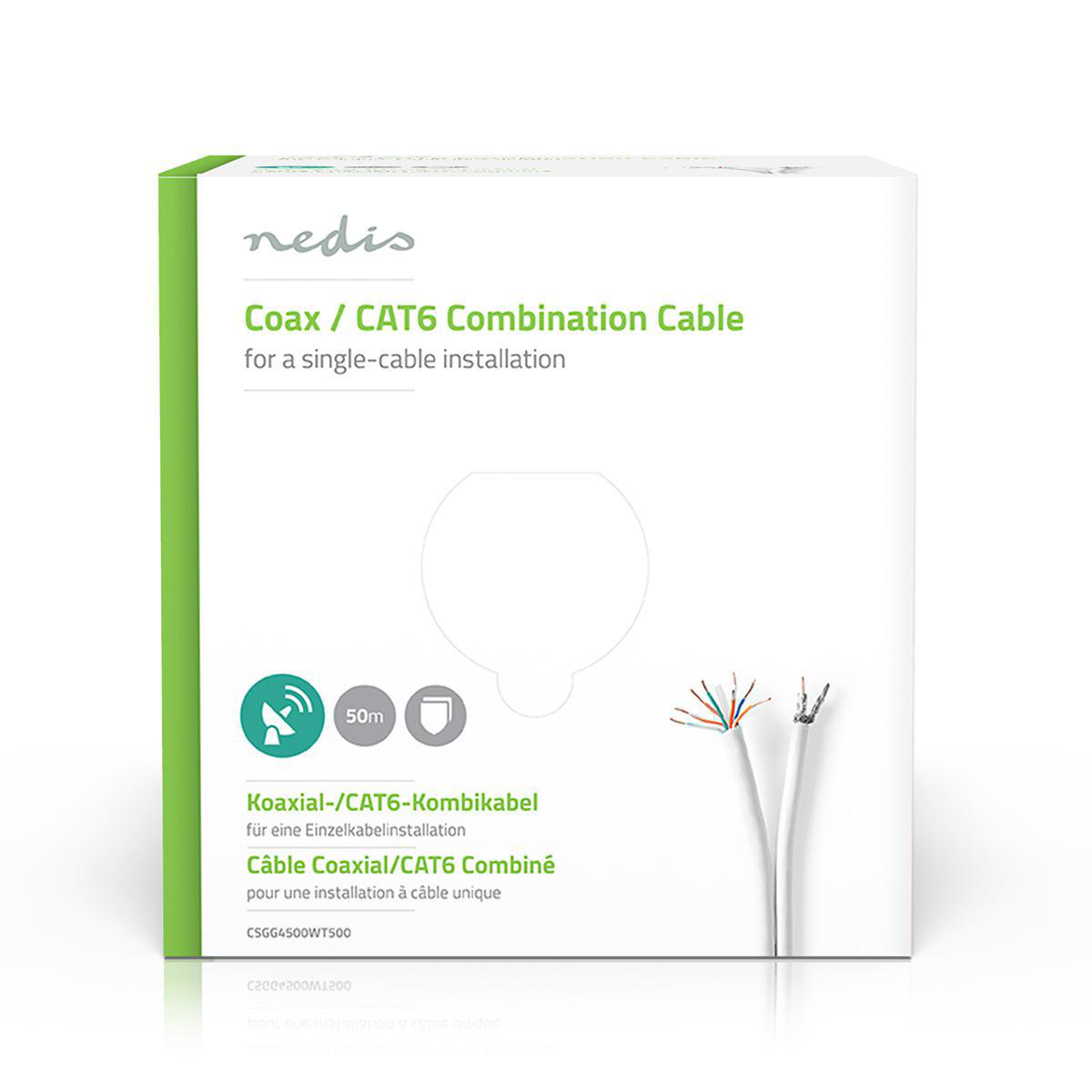 Białe pudełko kabla kombinowanego Coax/CAT6. Widoczne przewody, białe tło.