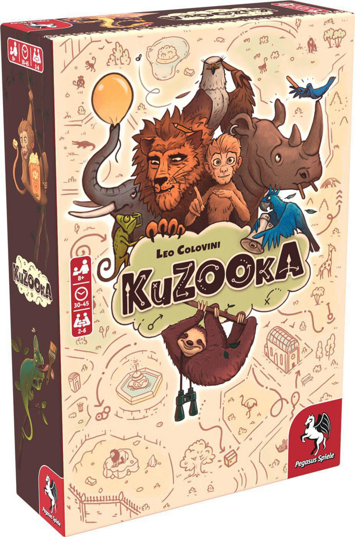 Scatola del gioco da tavolo Kuzooka con animali dei cartoni animati e scena della giungla, design colorato.