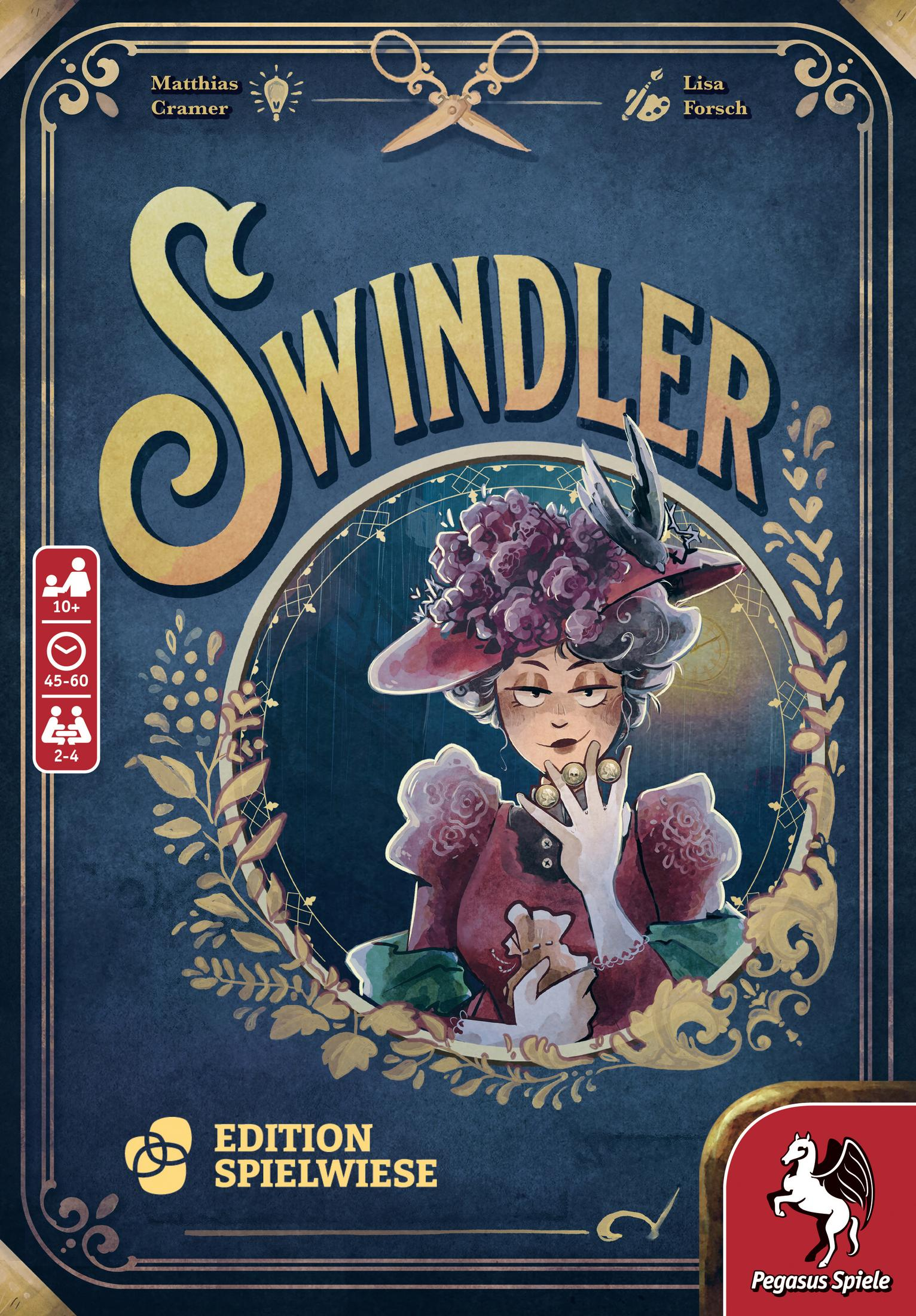 Caja de juego de mesa que muestra a una mujer con sombrero y un marco dorado con el nombre 'Swindler'.