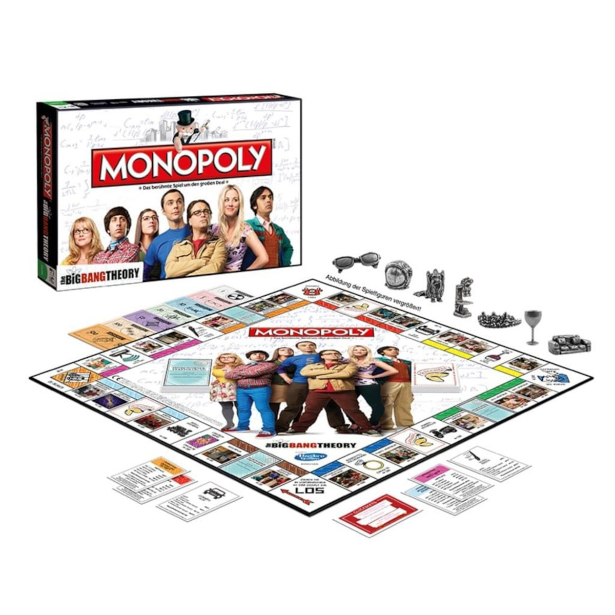 Monopoly-Brettspielbox und Spielbrett. Figuren der Fernsehsendung sind auf der Box und dem Brett.