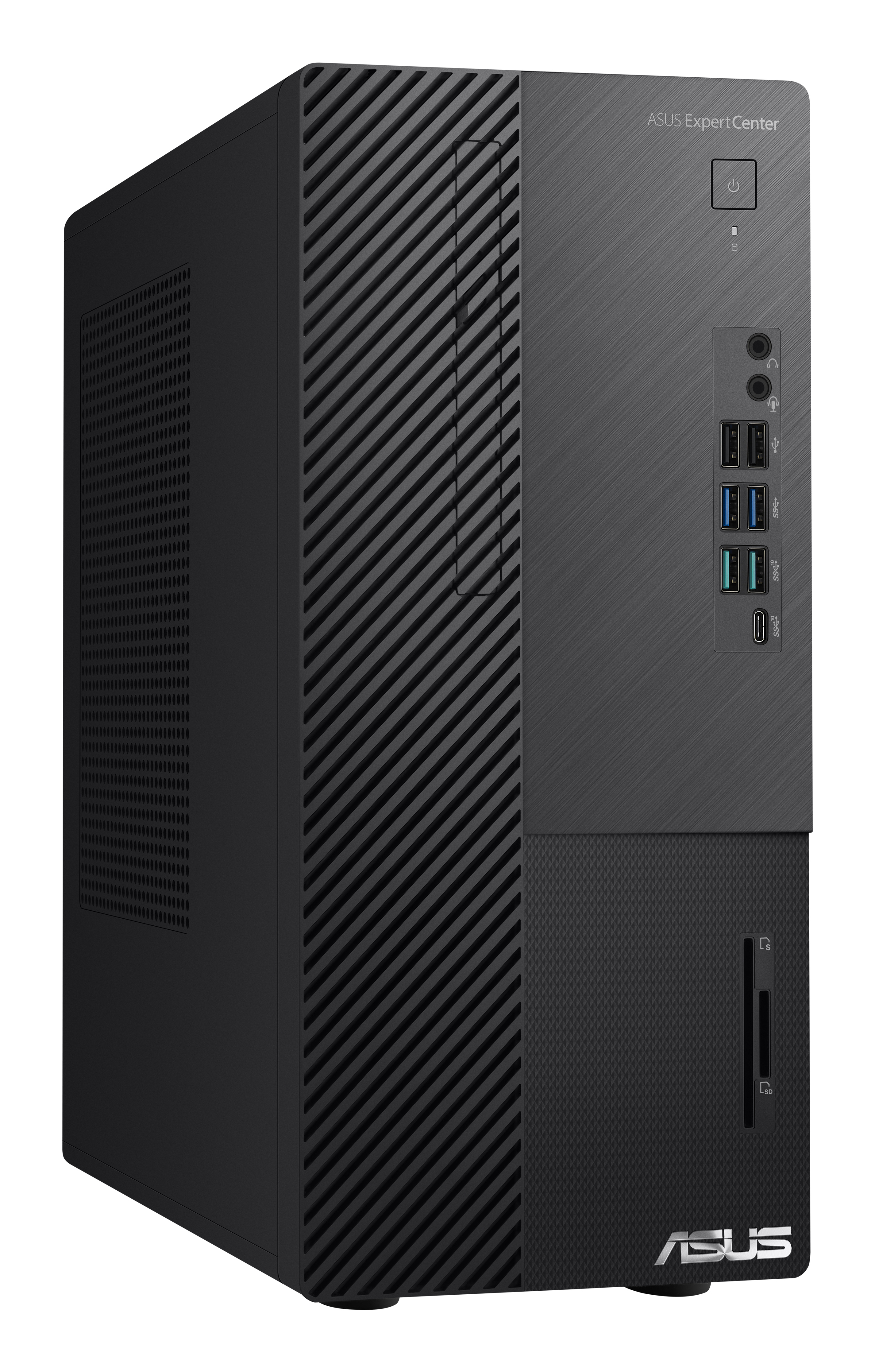 Tower PC ASUS ExpertCenter nero. Ha porte e il logo ASUS.