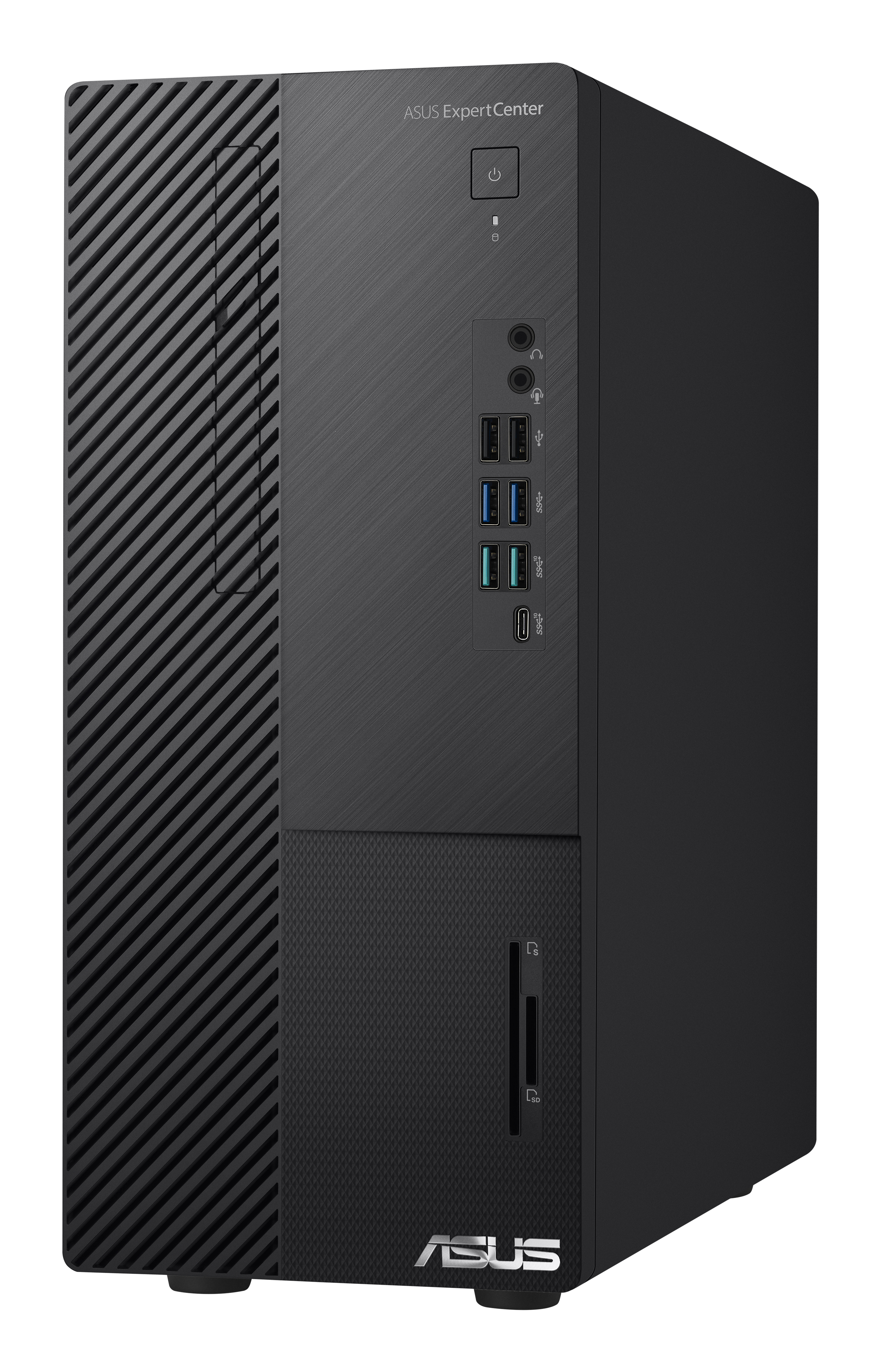 Tower per computer ASUS ExpertCenter nero con porte frontali, USB e lettore di schede. Logo ASUS visibile.