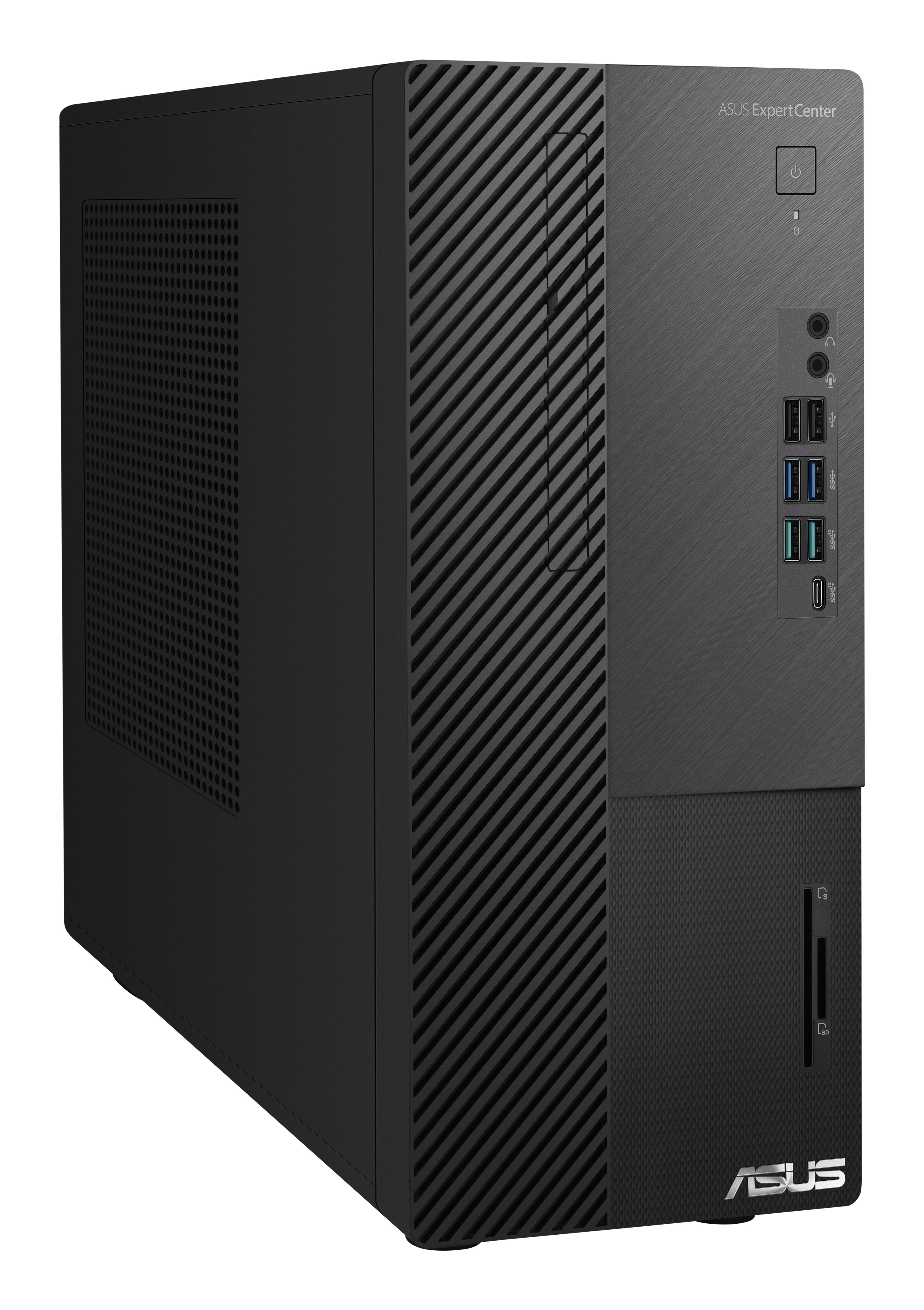 Torre per computer ASUS ExpertCenter nera con linee verticali e porte.
