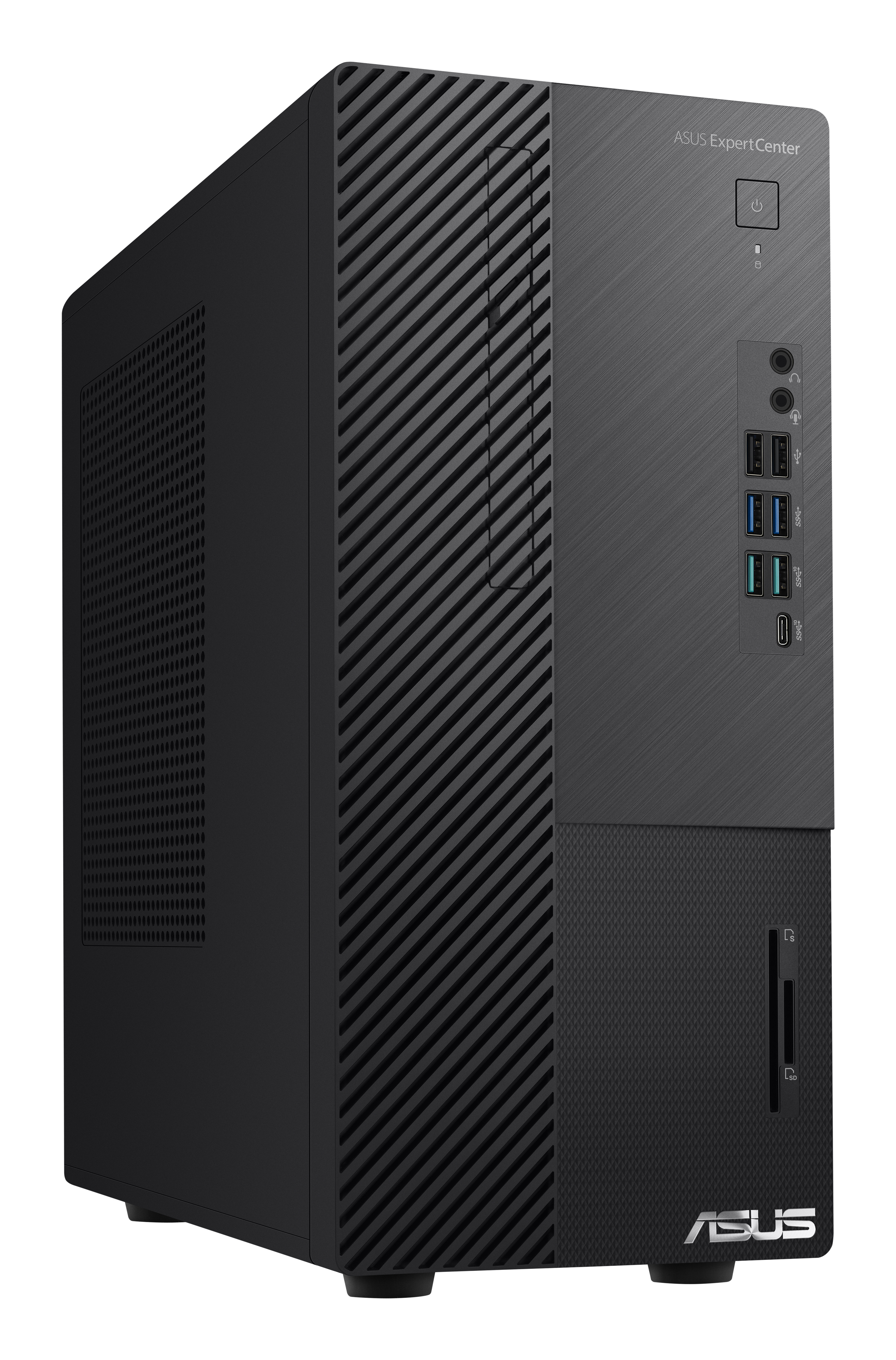Computer desktop ASUS ExpertCenter nero, con design verticale e pannello frontale.