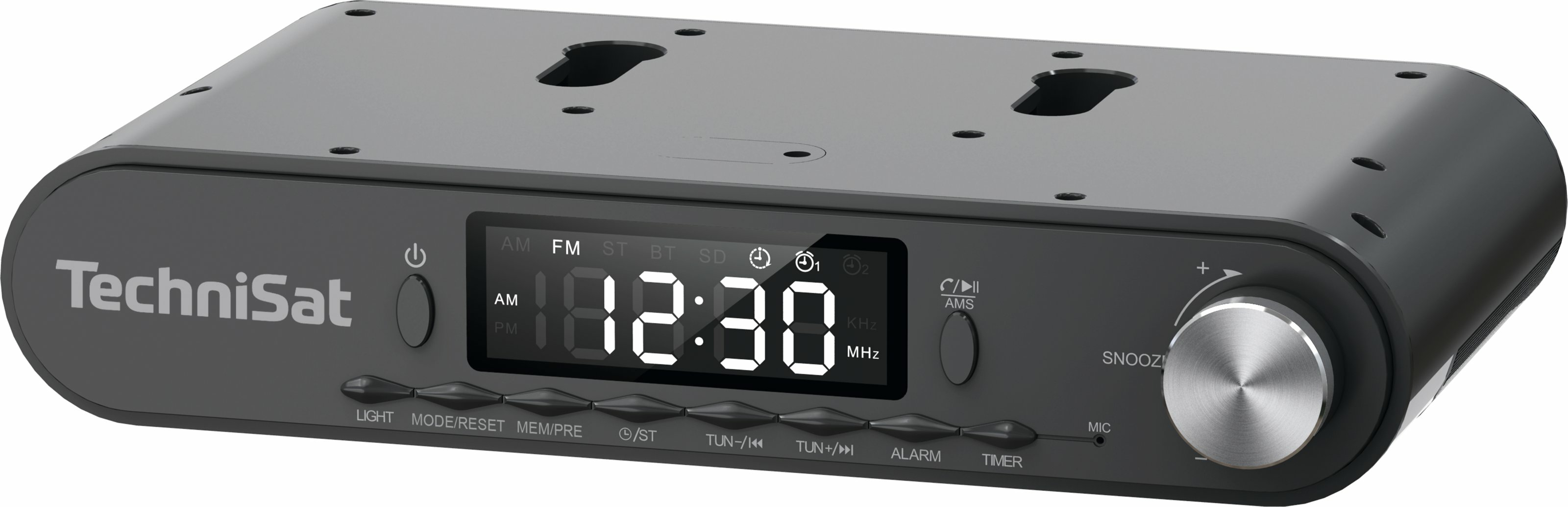 Una radiosveglia TechniSat grigio scuro con display digitale che mostra le 12:30.