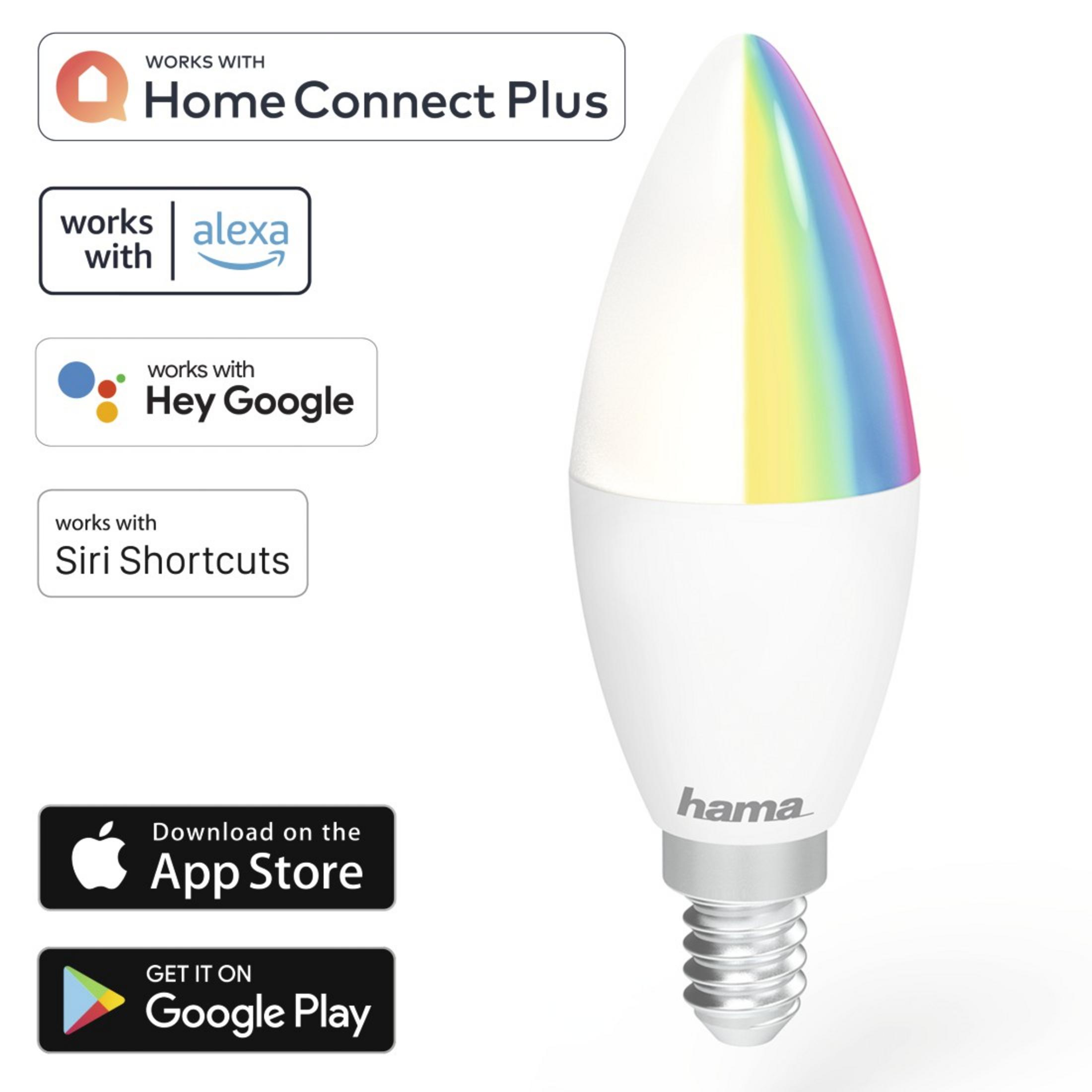 Biała żarówka smart z tęczą na górze. Współpracuje z Home Connect Plus, Alexa, Hey Google i Siri.