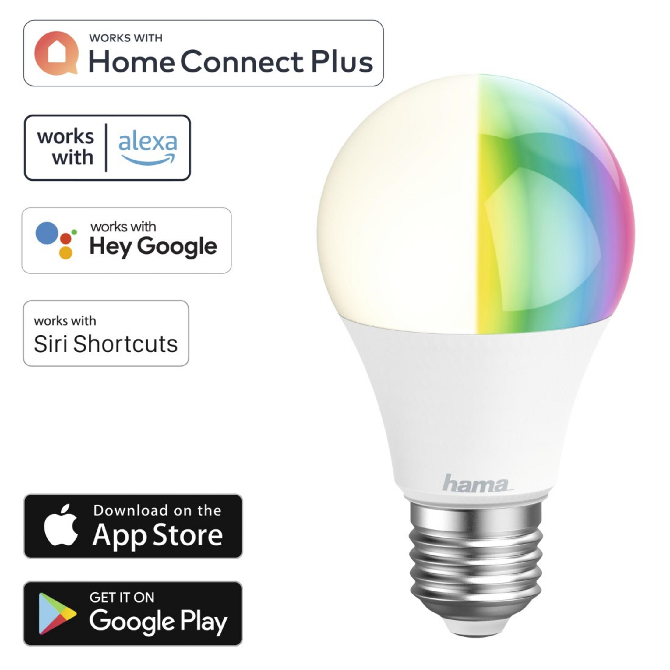 Biała żarówka smart z tęczą na górze. Współpracuje z Home Connect Plus, Alexa, Hey Google i Siri.