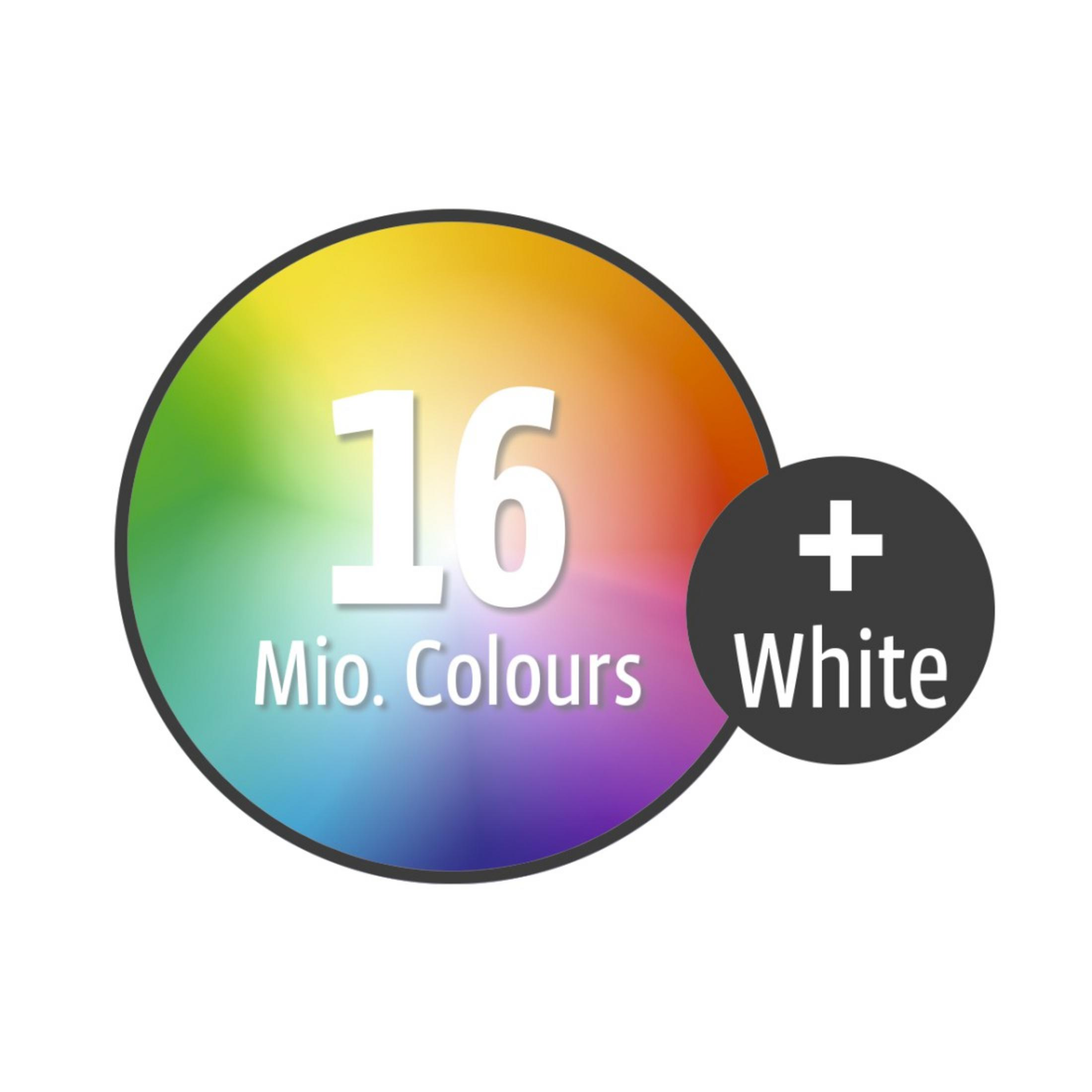 Okrągłe logo z gradientem kolorów i napisem '16 Mio. Colours + White'.