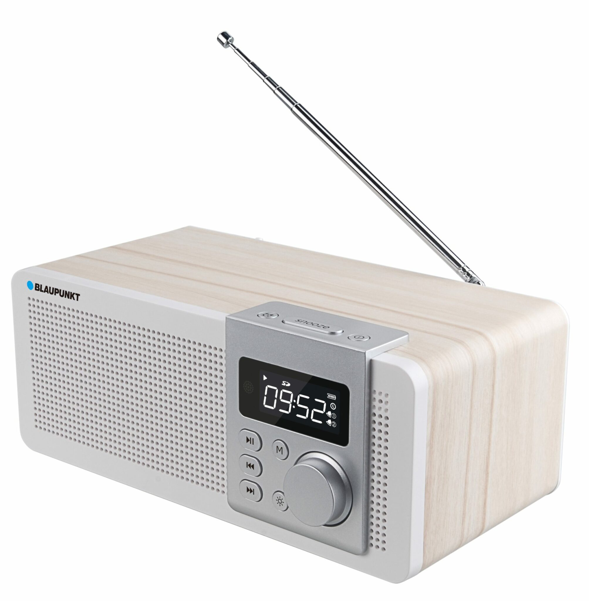 Radio effetto legno con controlli argentati e antenna estraibile.