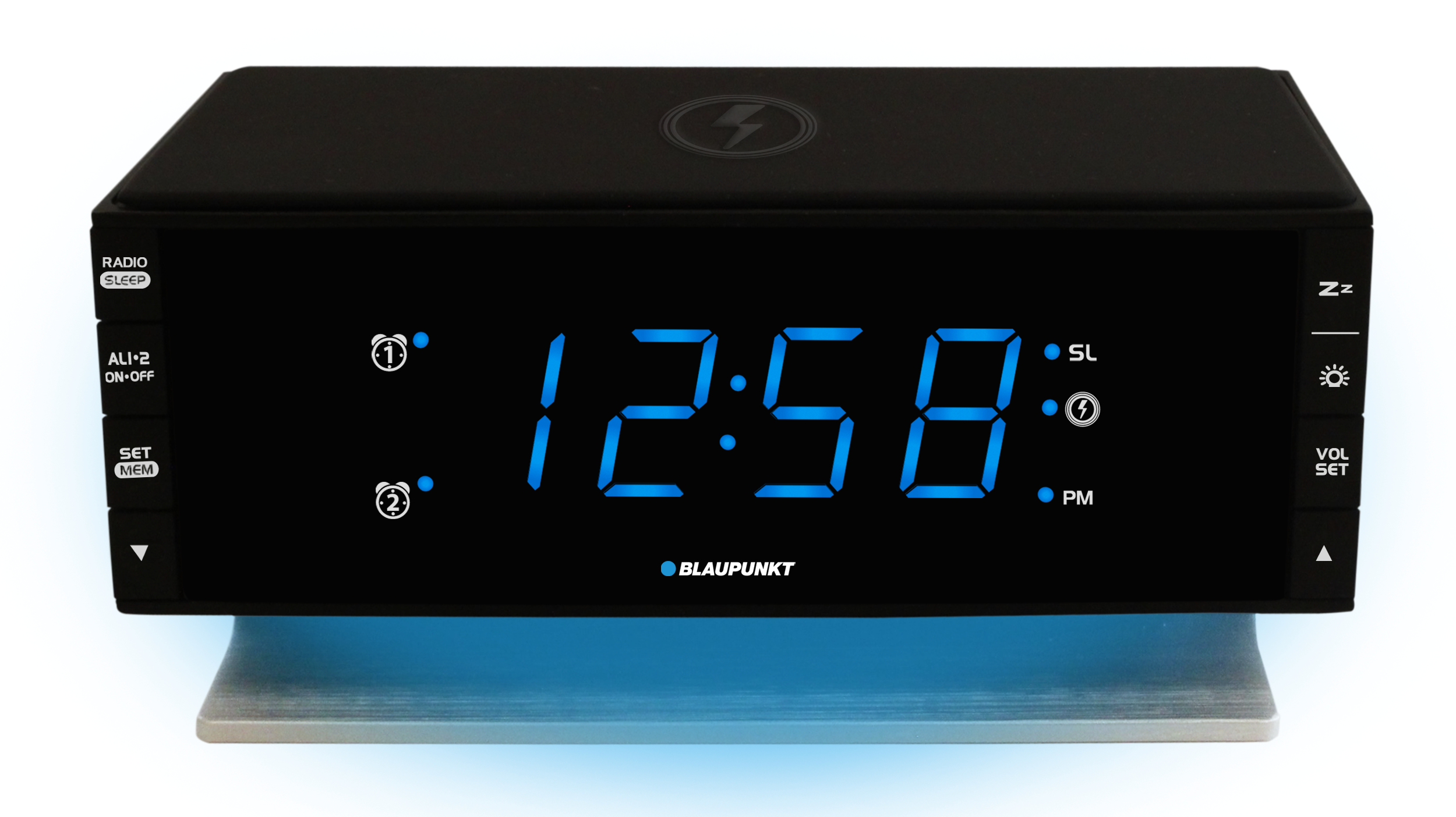 Schwarzer digitaler Wecker mit blauen Ziffern, zeigt 12:58 Uhr an.