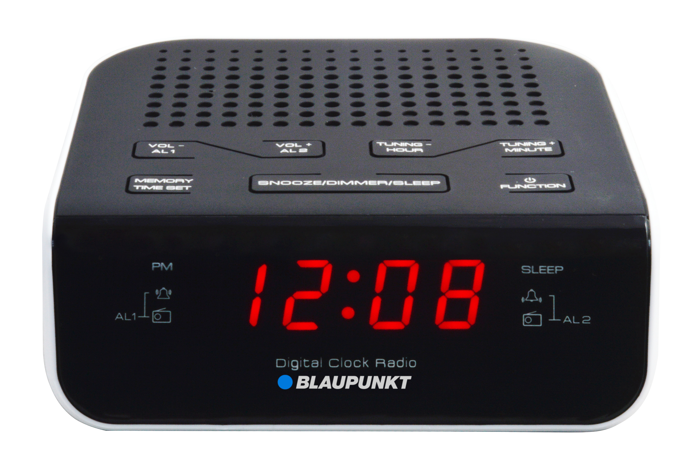 Ein schwarzes Digitaluhrradio von Blaupunkt zeigt 12:08 an.