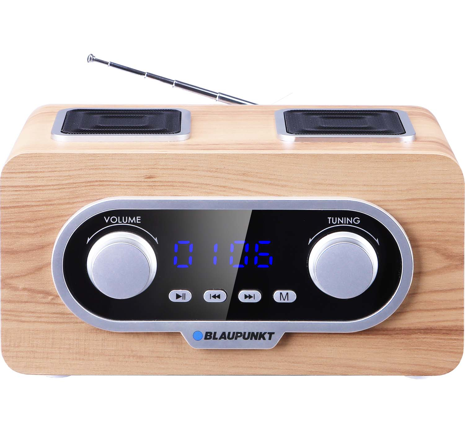 Radio in legno con due altoparlanti, antenna e display digitale per volume e sintonia.