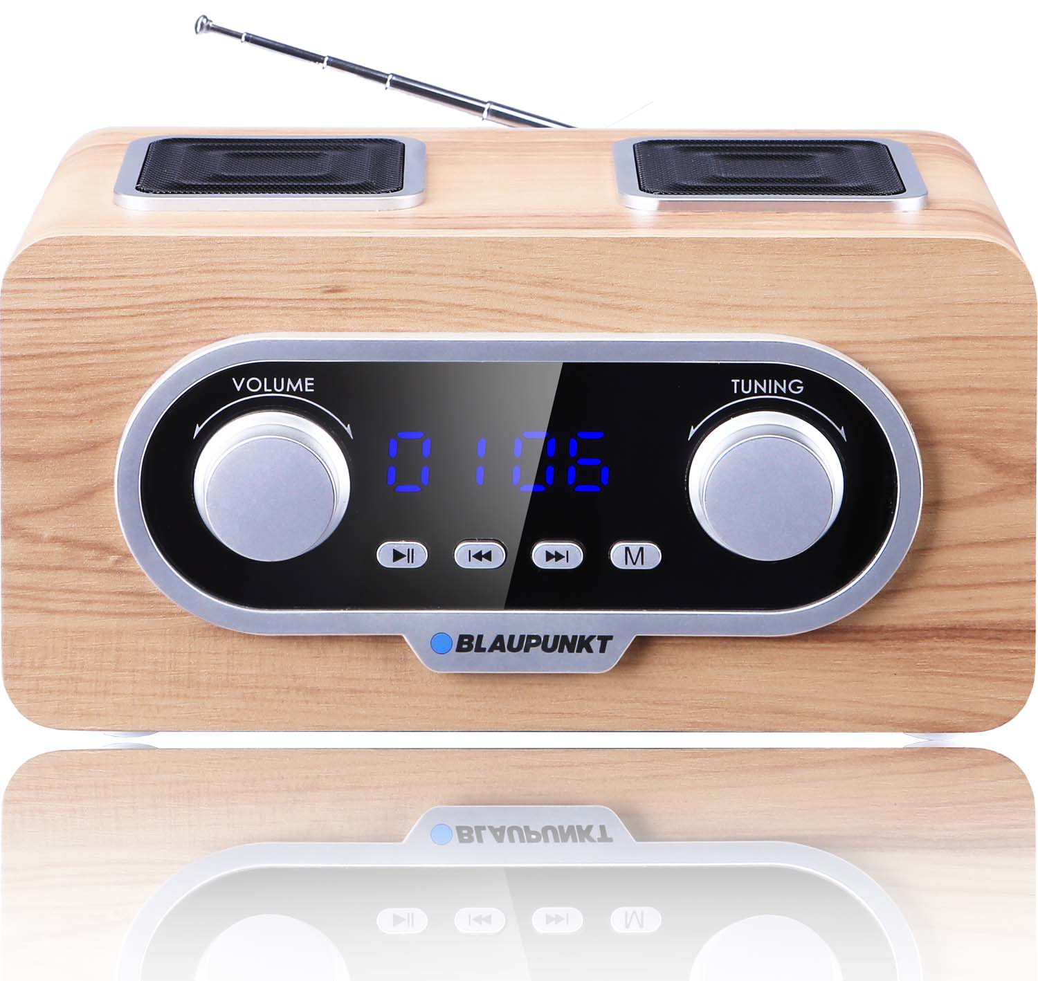 Radio in legno con antenna, altoparlanti, display digitale e manopole.
