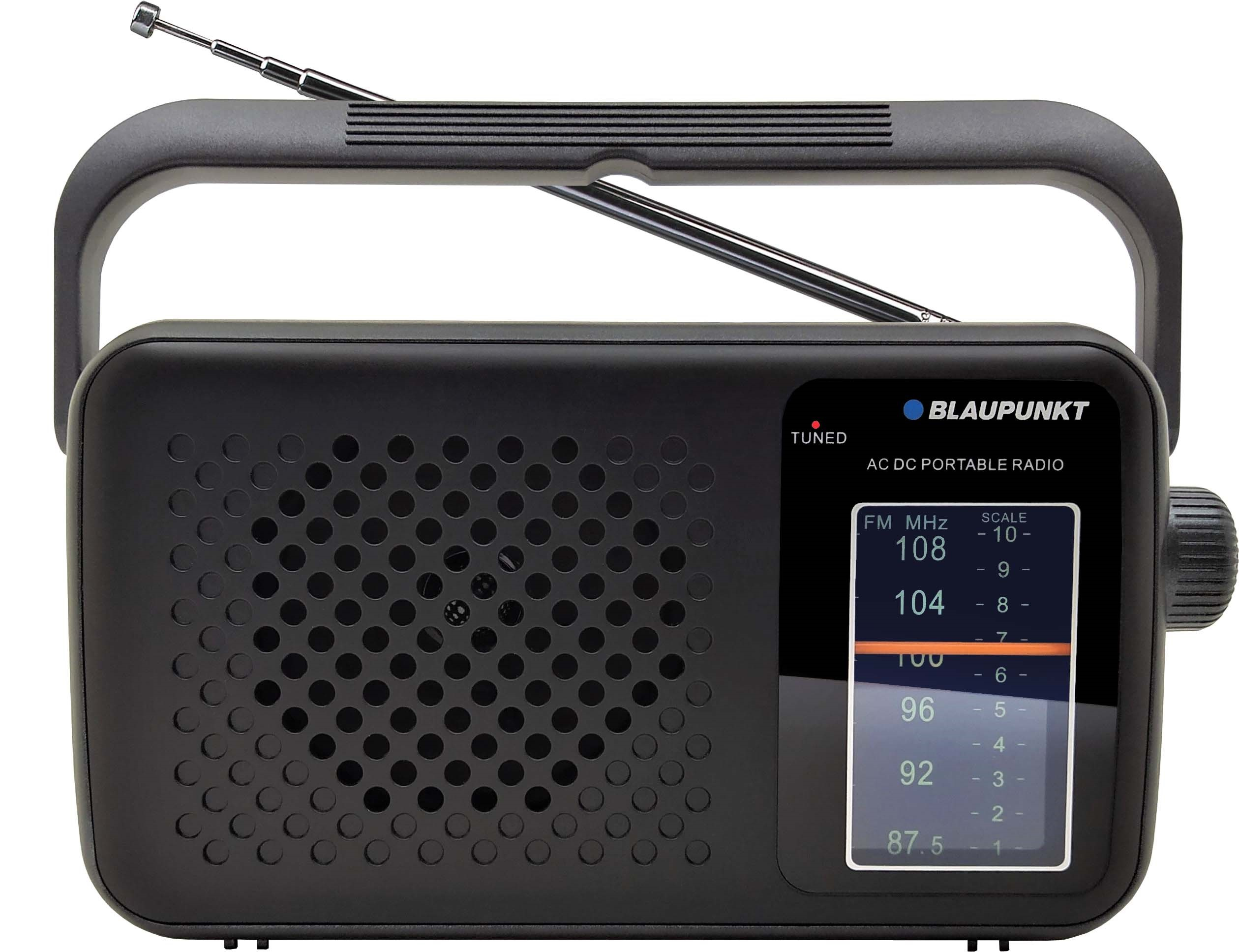 Radio portatile Blaupunkt nera con manico, antenna, griglia altoparlante e display.