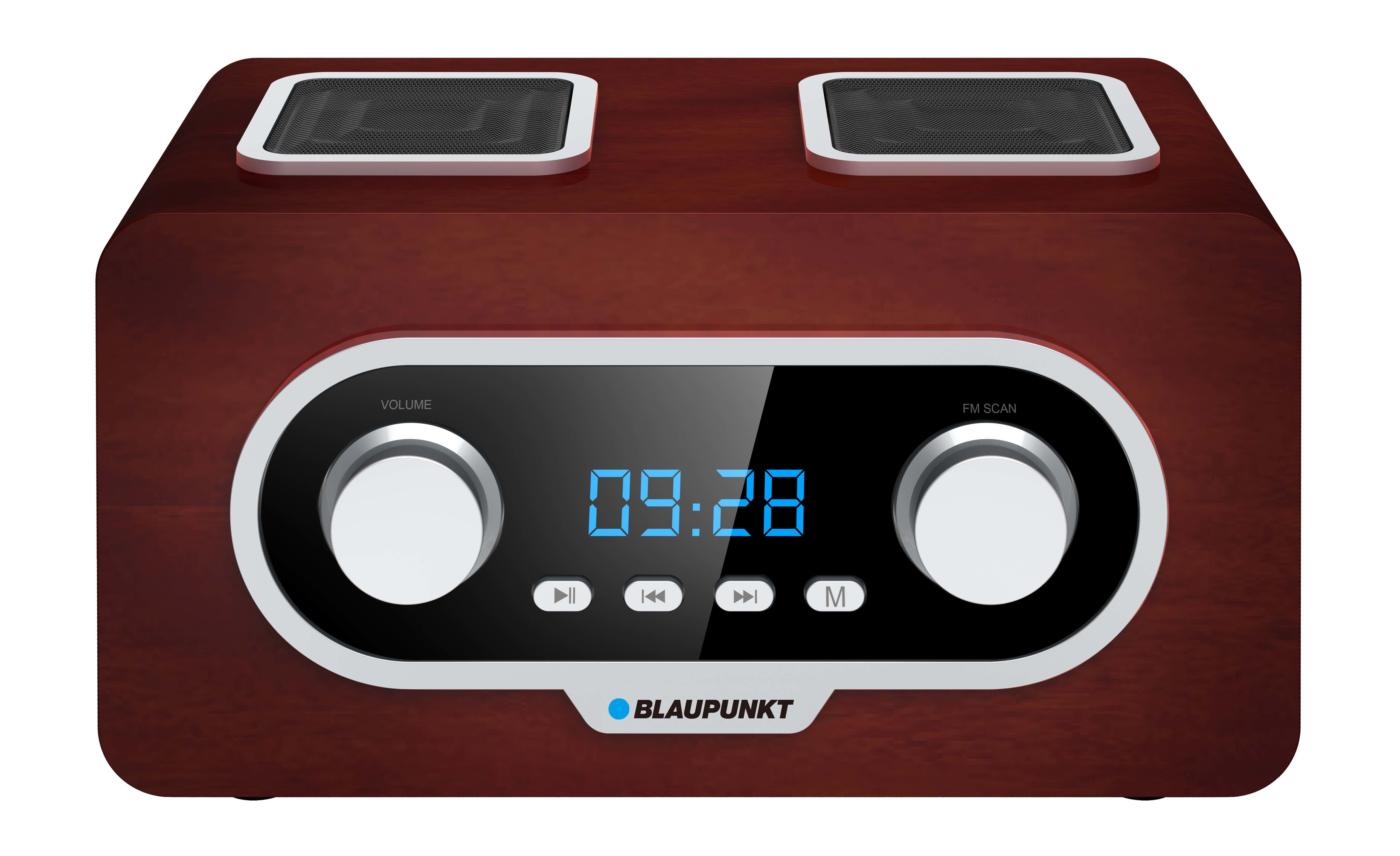 Una radio in legno marrone con display digitale, manopole e altoparlanti.