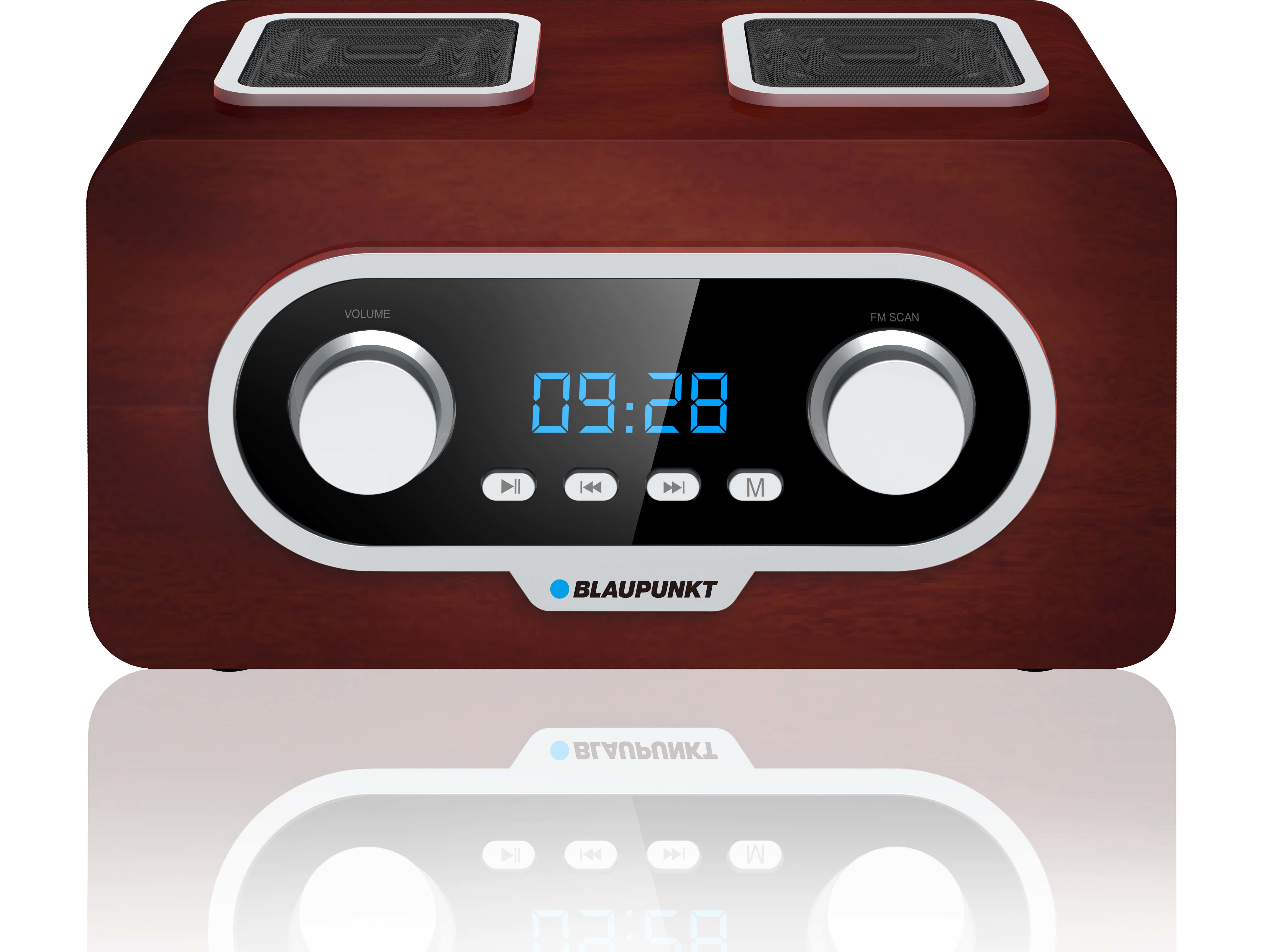 Una radio in legno con cifre, manopole e altoparlanti blu.