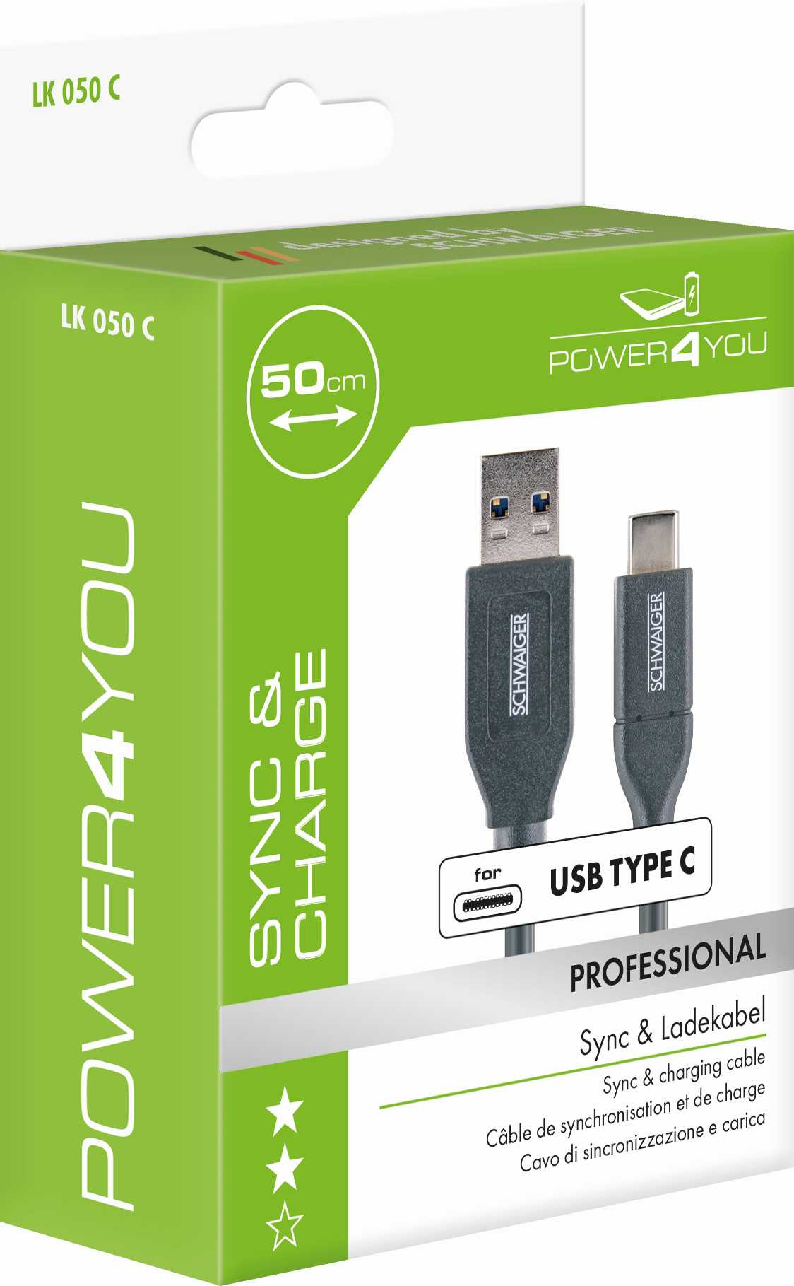 Eine grün-weiße Box mit einem USB Typ C Kabel darin.