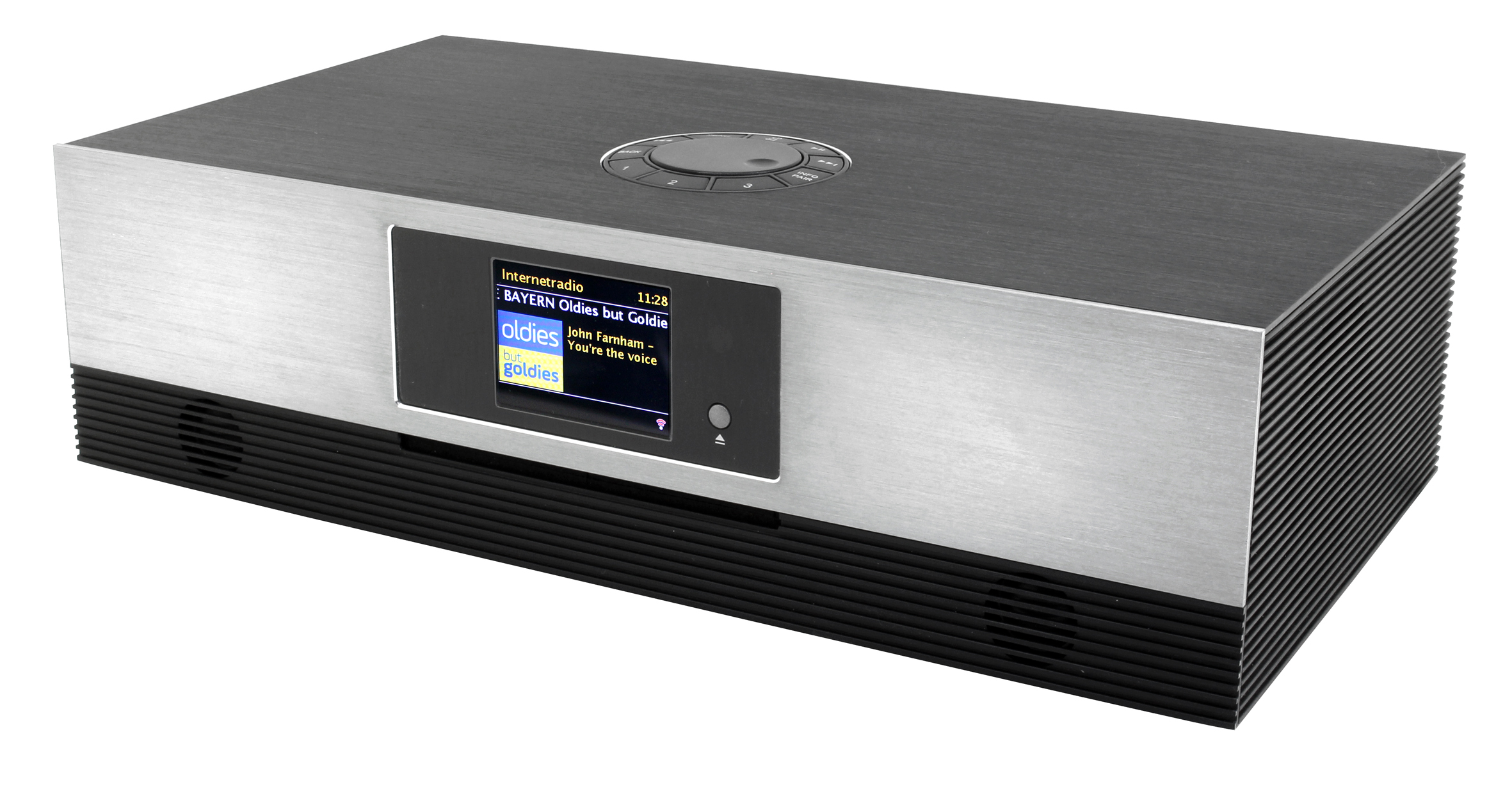 Silbernes und schwarzes Internetradio mit Bildschirm.