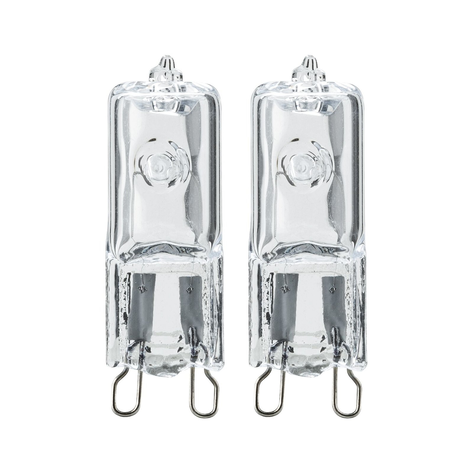 Zwei klare Halogenlampen mit Metallsockel und Glaskolben auf weißem Hintergrund.