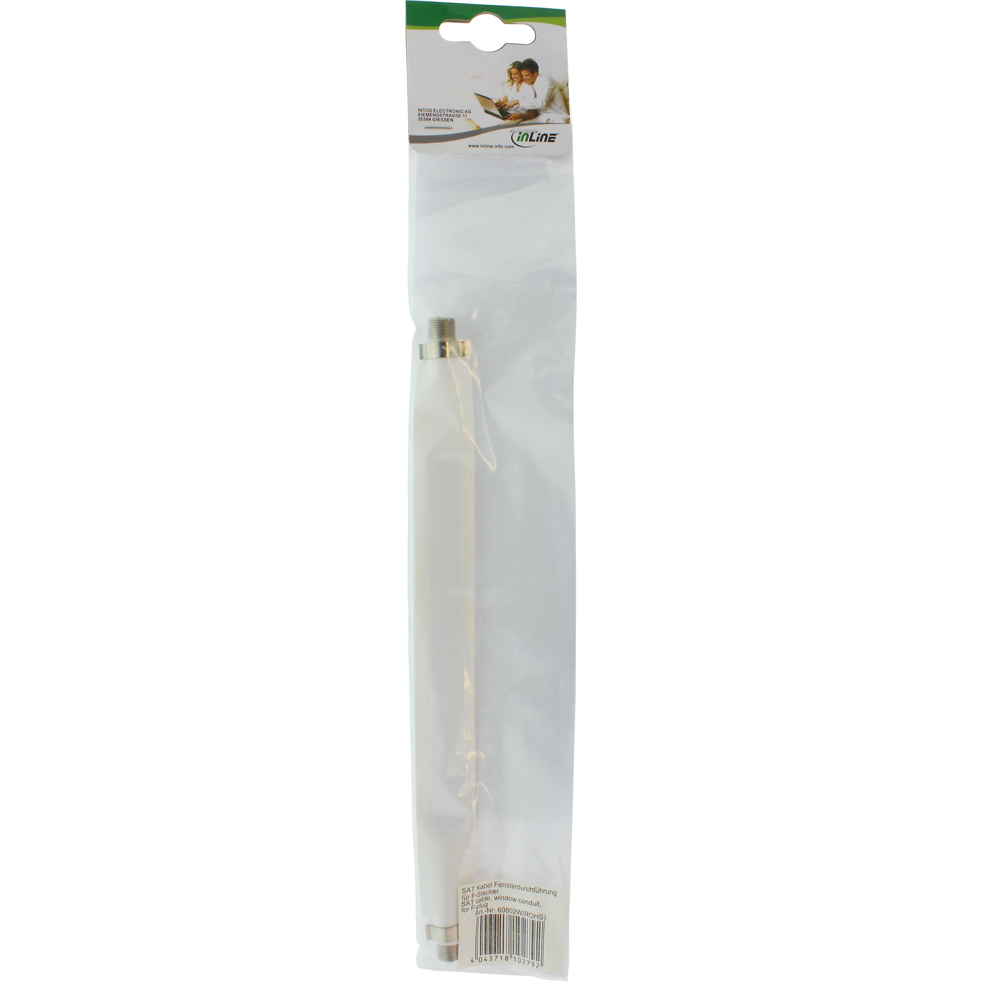 Eine transparente Kunststoffverpackung mit einer Metallantenne. Sie ist lang und dünn und hat ein Kabel.