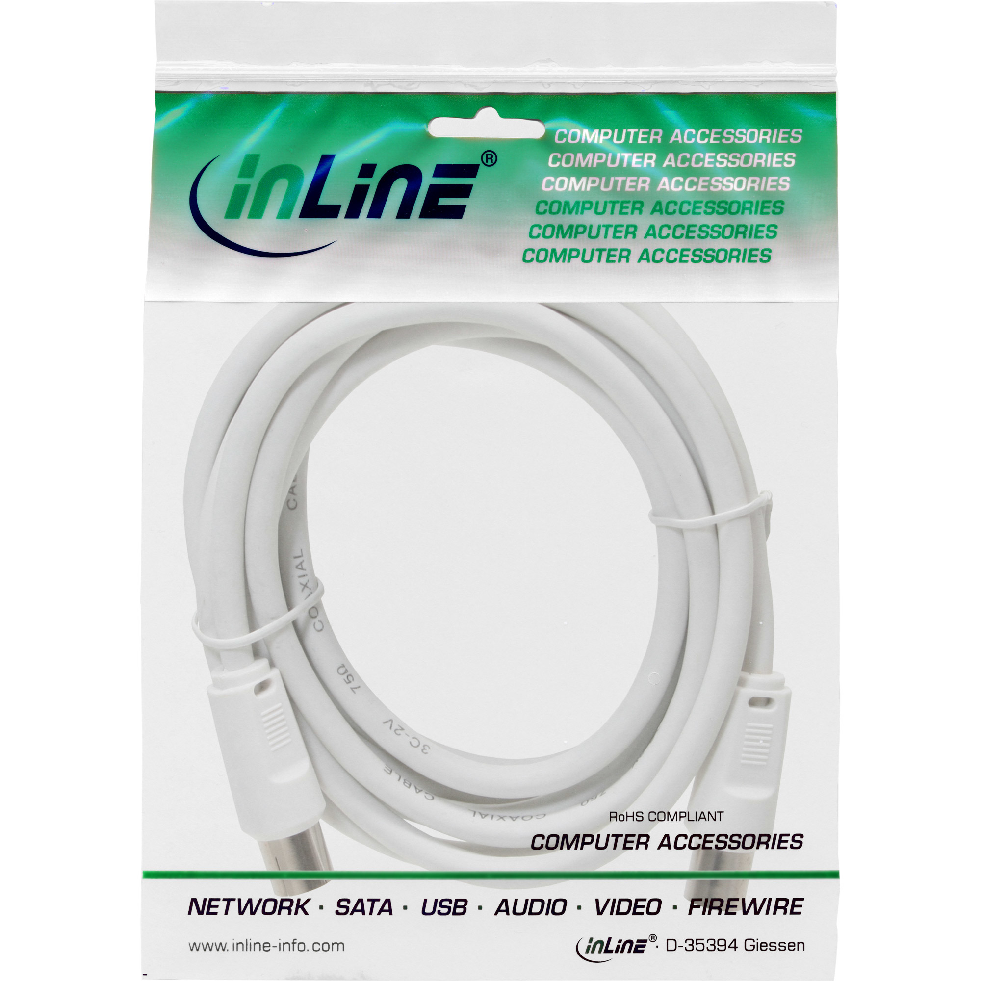 Cable blanco en un paquete de plástico transparente con fondo blanco. El paquete tiene texto de accesorios informáticos.