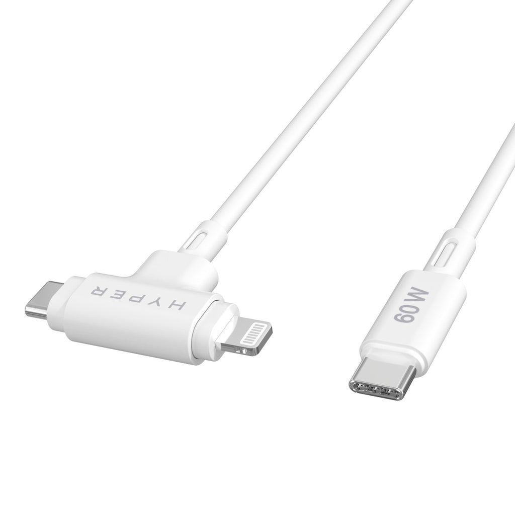 White Hyper cable with USB-C and Lightning connectors. 