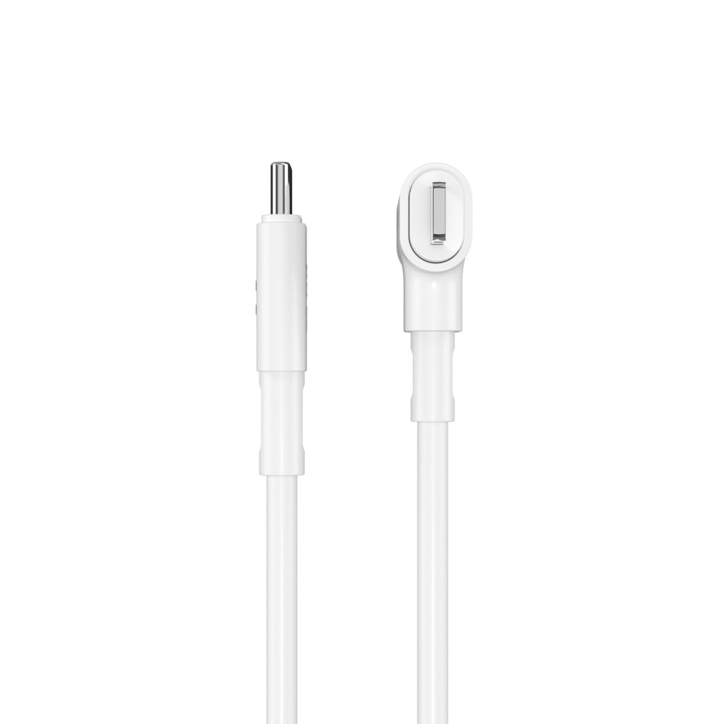 White charging cable with two connectors, one angled. Isolated on white background.
