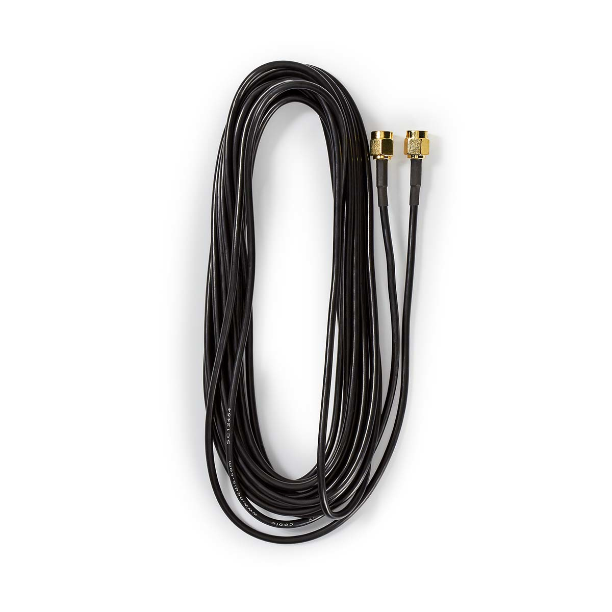 Kabel koncentryczny, czarny, ze złotymi złączami na białym tle.