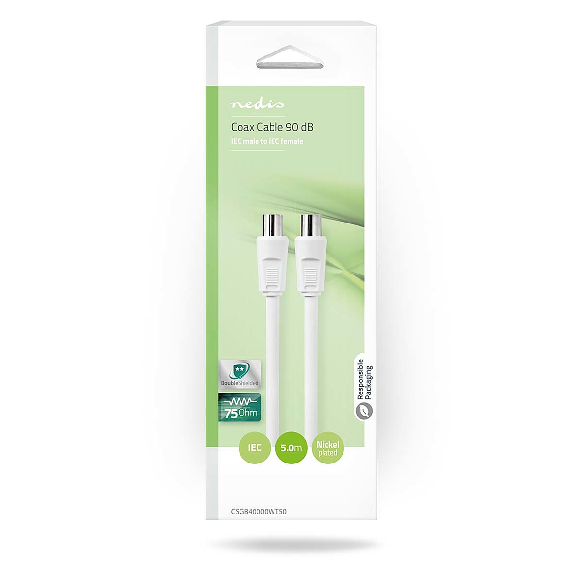 Un cable coaxial blanco en su embalaje; el paquete muestra el cable y sus especificaciones.