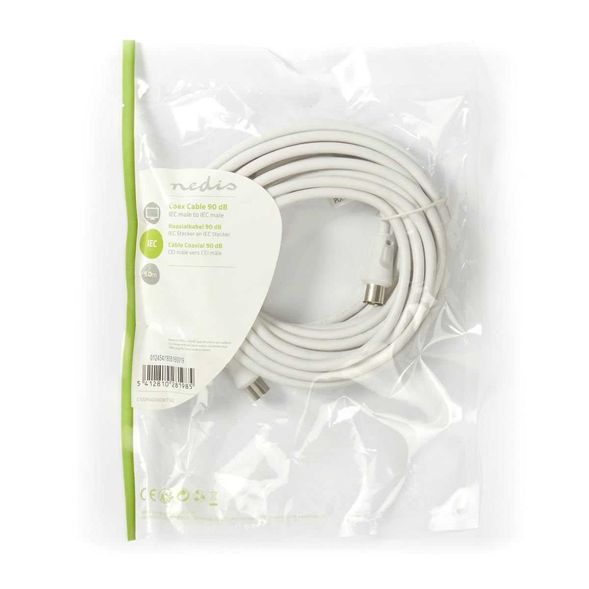 Ein Kabel, aufgerollt in einem transparenten Plastikbeutel, mit weißem Kabel und Steckern. Verpackung enthält Text.