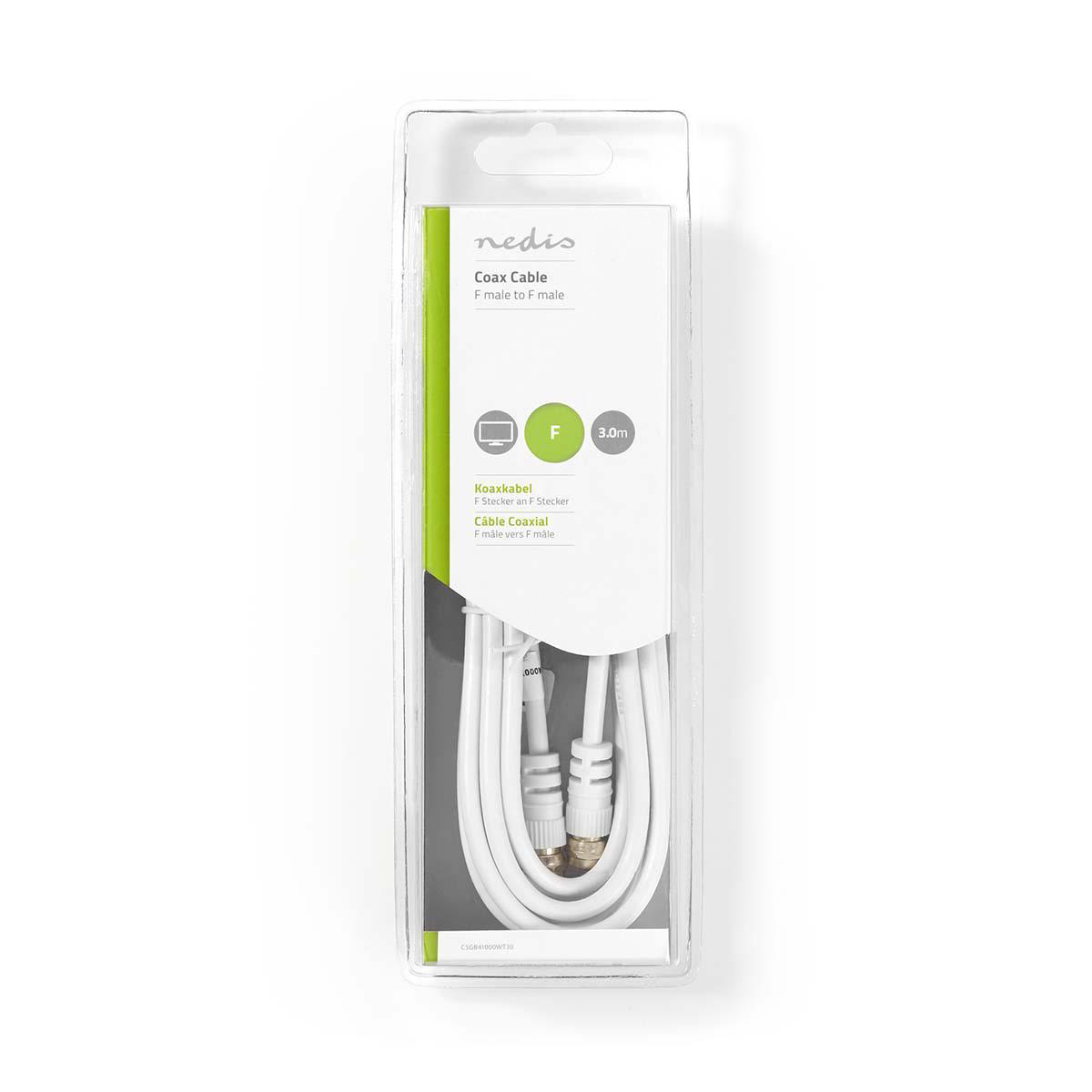 Un paquete de cable coaxial blanco con información del producto y un cable blanco dentro.