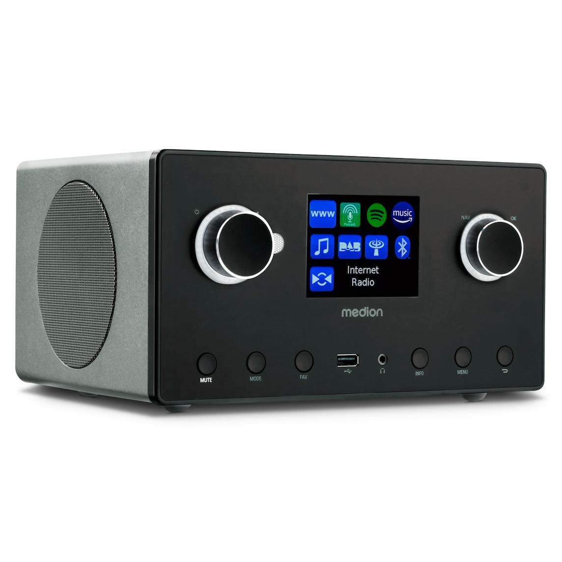 Czarno-szare radio internetowe z ekranem, przyciskami i dwoma pokrętłami, na białym tle.