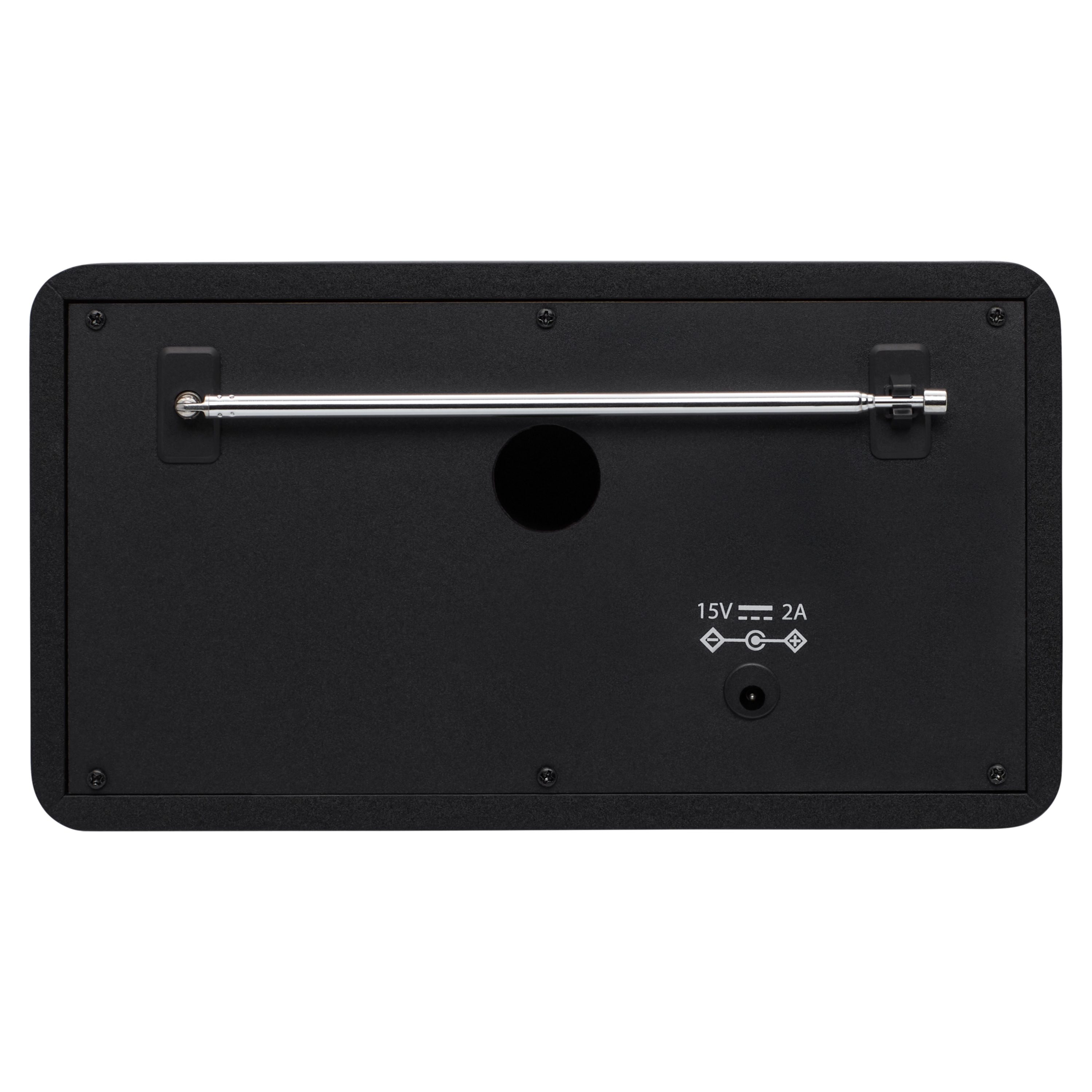 Tył czarnego radia. Ma antenę i kilka portów.