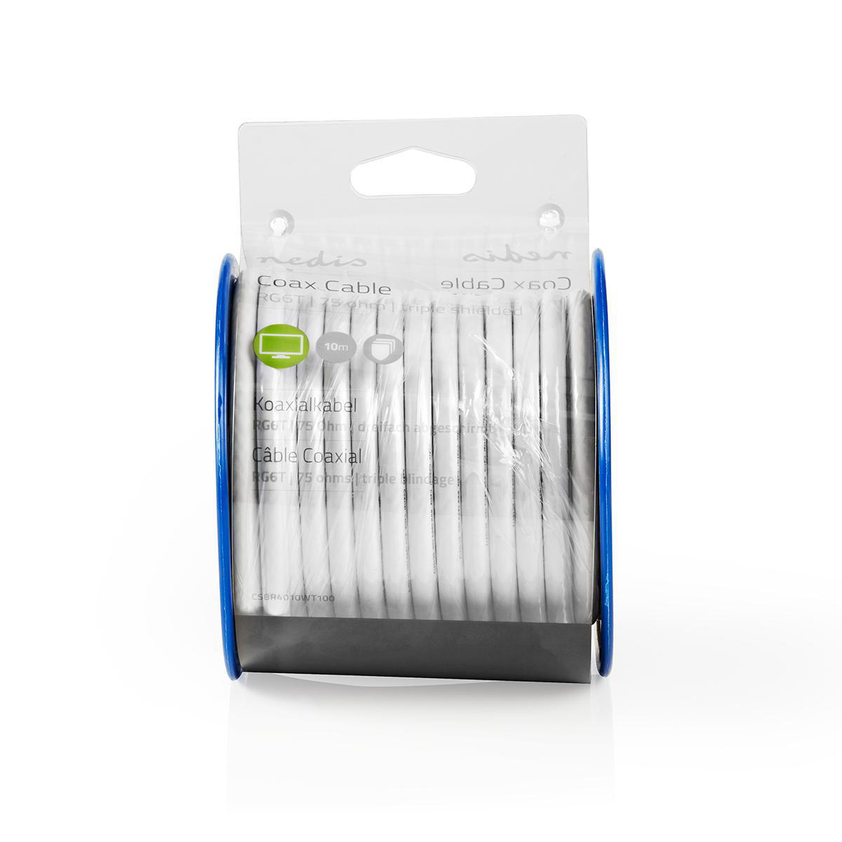 Koaxialkabelrolle in blauem Halter. Weißes Kabel durch die Kunststoffverpackung sichtbar. Text: Coax Cable.