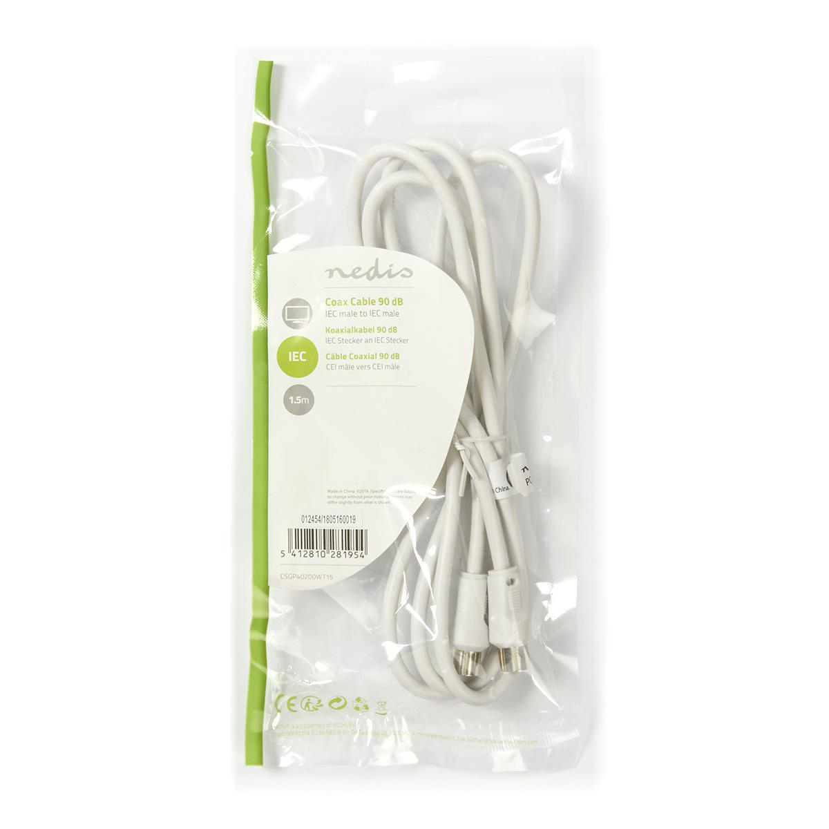 Weißes Koaxialkabel in klarer Plastikverpackung, mit Markenlogo.