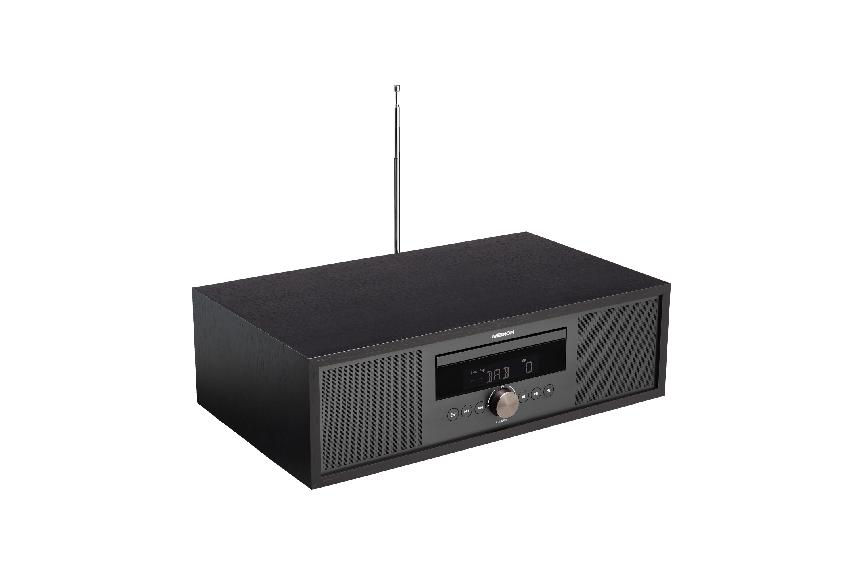 Zwarte stereo met cd-speler en antenne op een wit oppervlak.