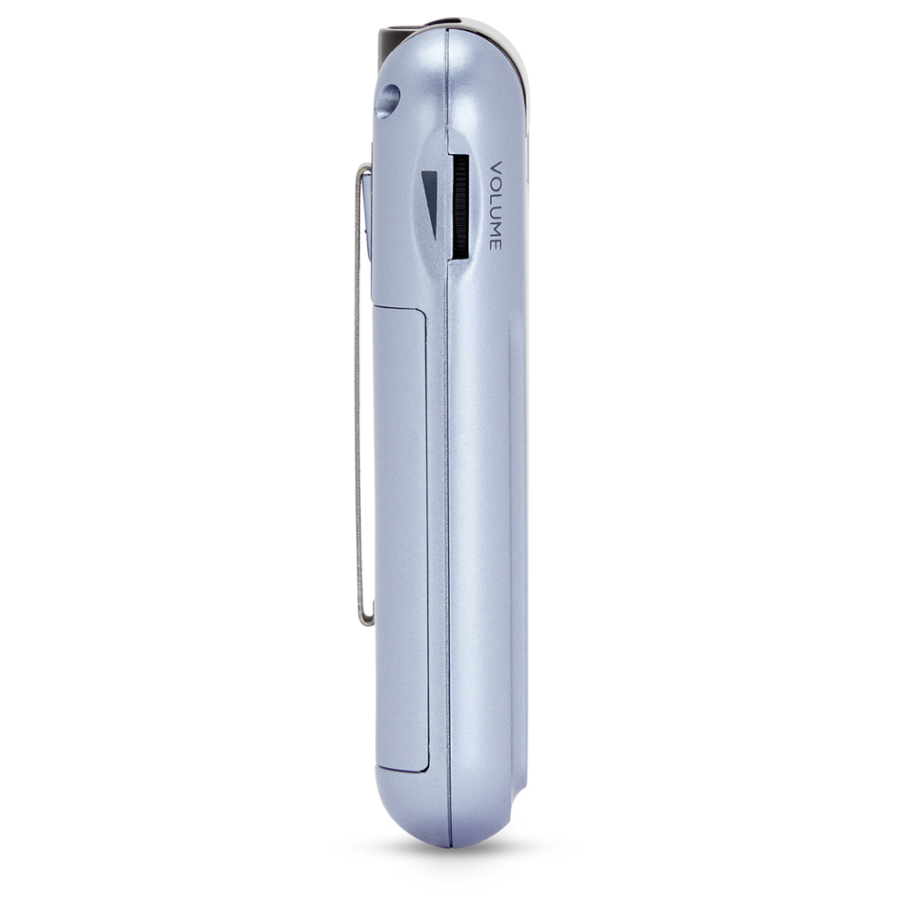 Widok z boku małego, srebrnego radia z klipsem i regulacją głośności.