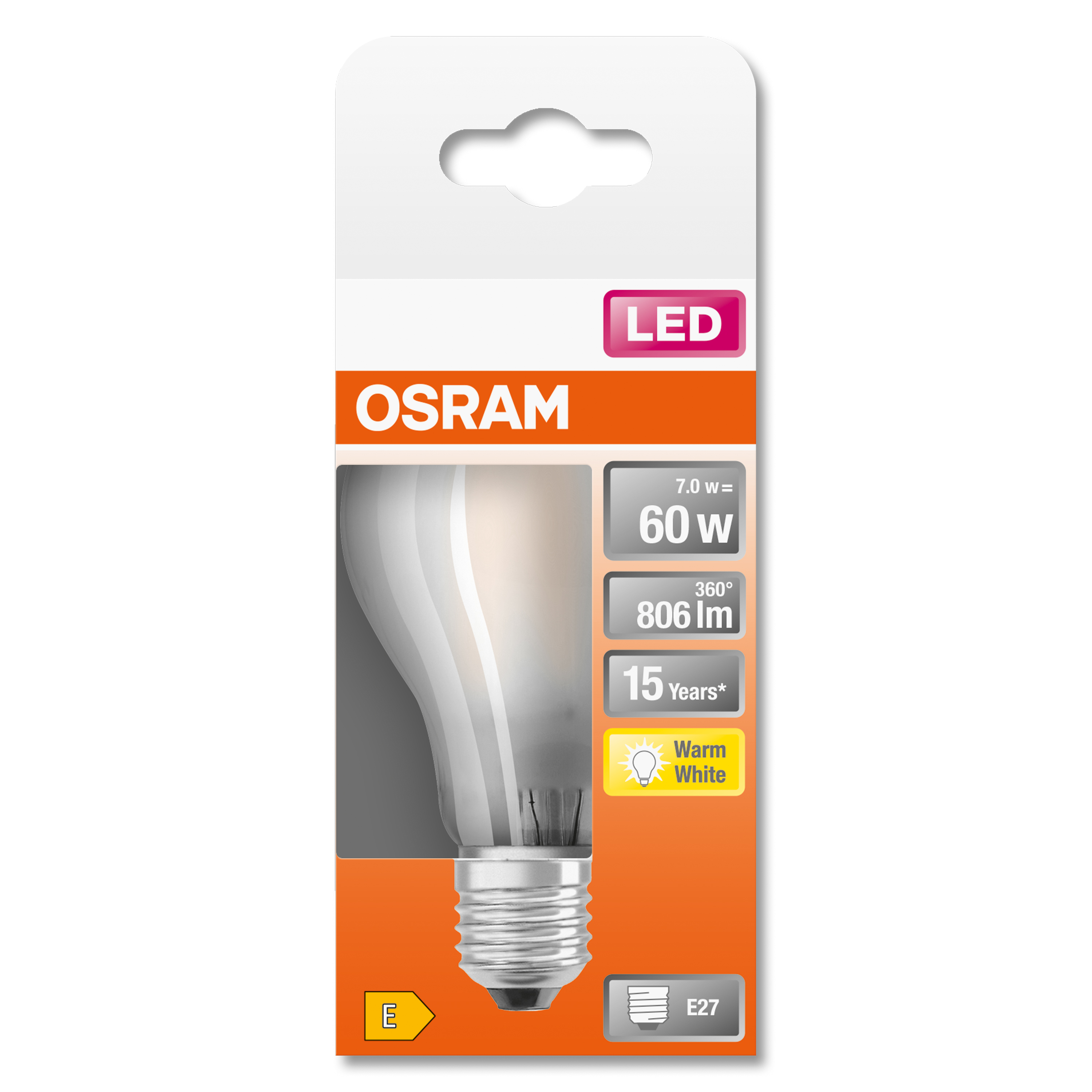 Emballage d'ampoule LED, blanc, avec image d'ampoule et informations sur l'efficacité énergétique.
