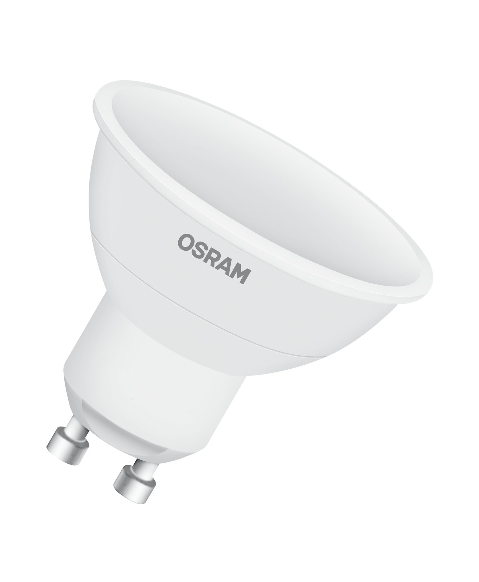Weiße Osram LED-Glühbirne, Ansicht von der Seite. Sie hat einen silbernen Sockel und ist auf weißem Hintergrund.