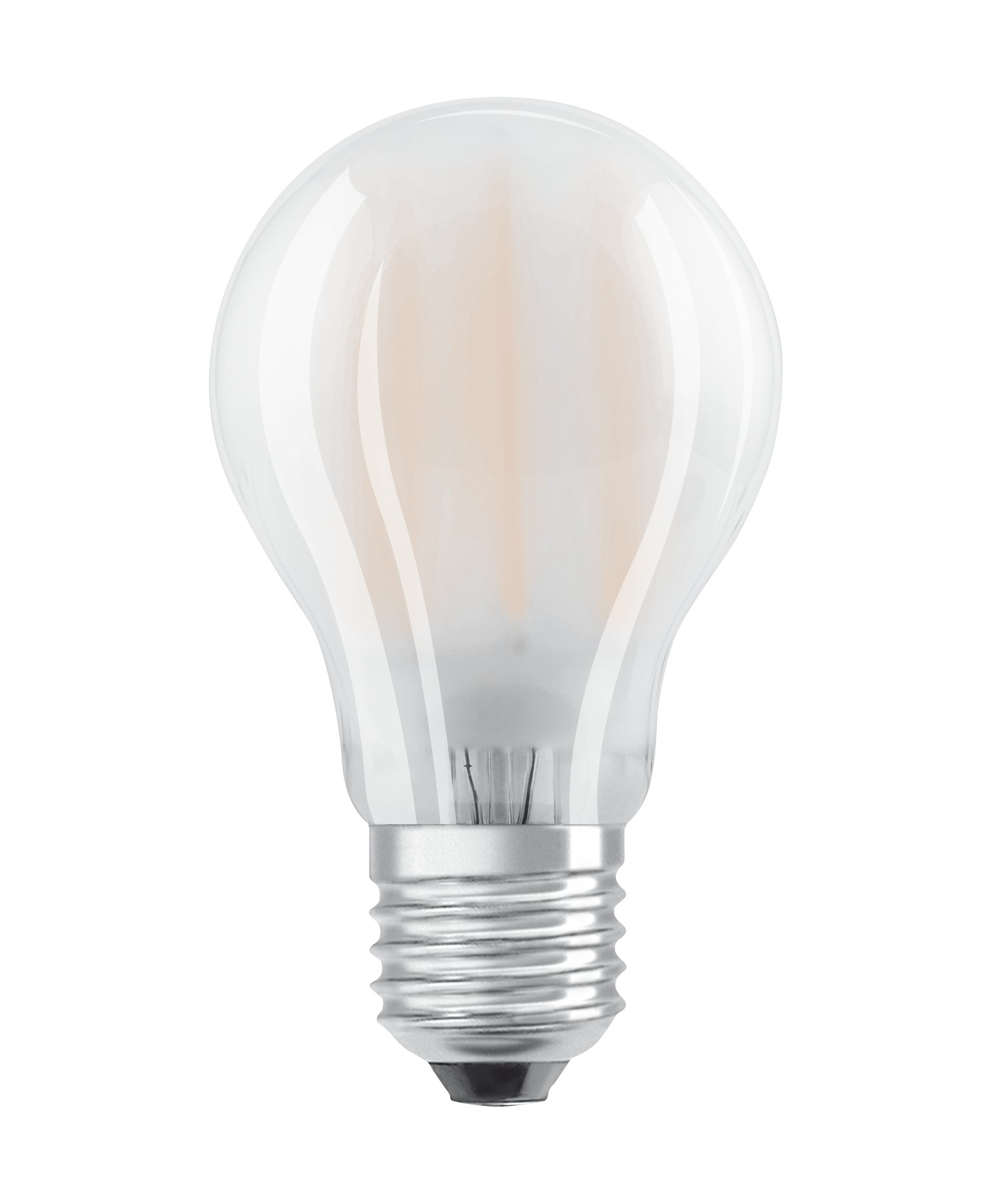 Une ampoule en verre dépoli blanc sur fond blanc. L'ampoule a un culot argenté.