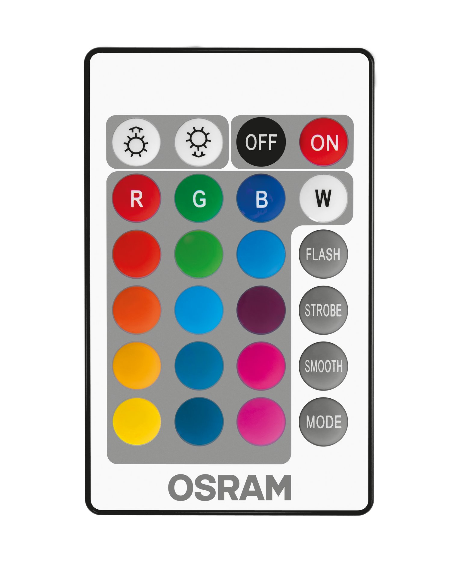 Télécommande avec boutons de couleur et fonction.