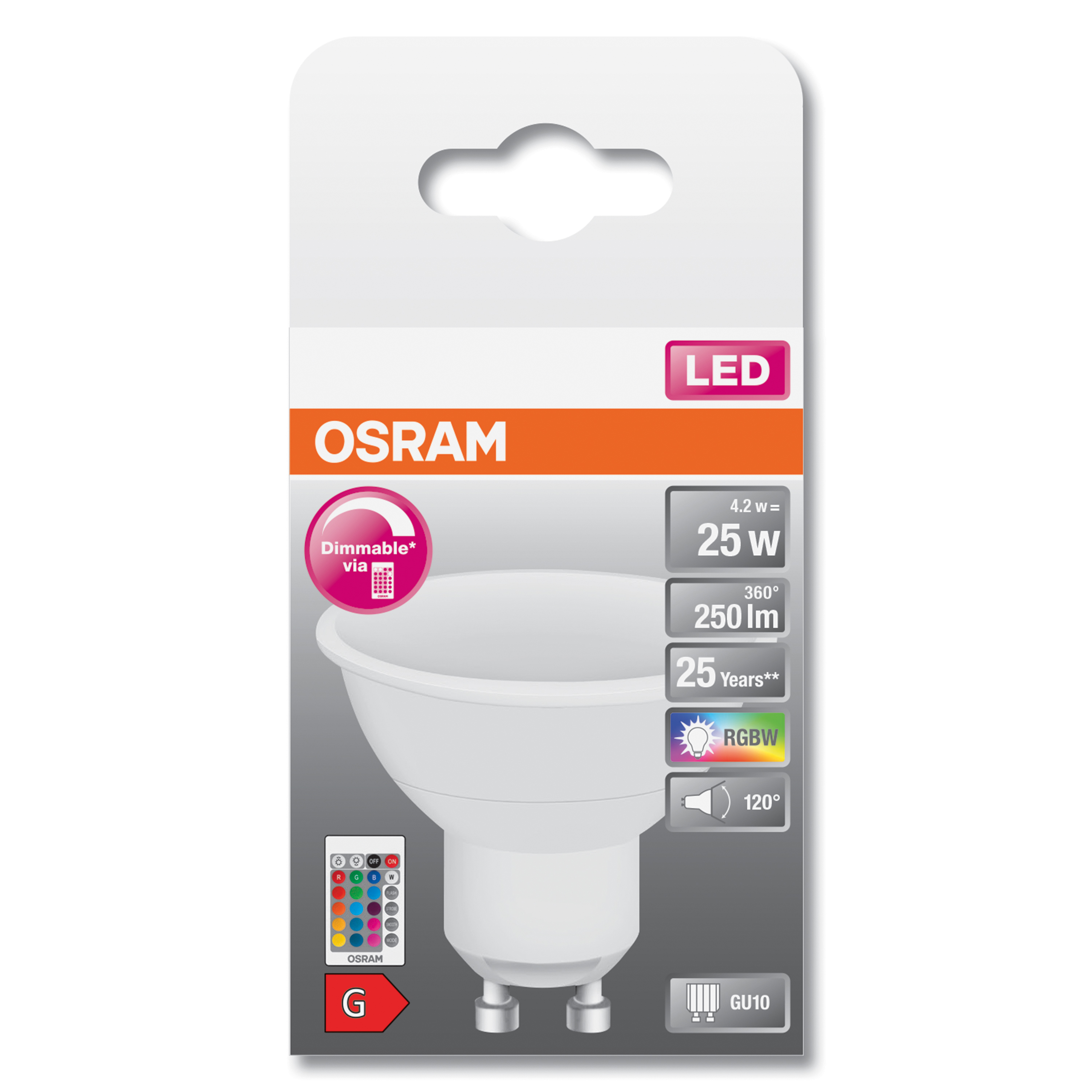 OSRAM LED-Glühbirnenverpackung mit Spezifikationen und einem dimmbaren Etikett.