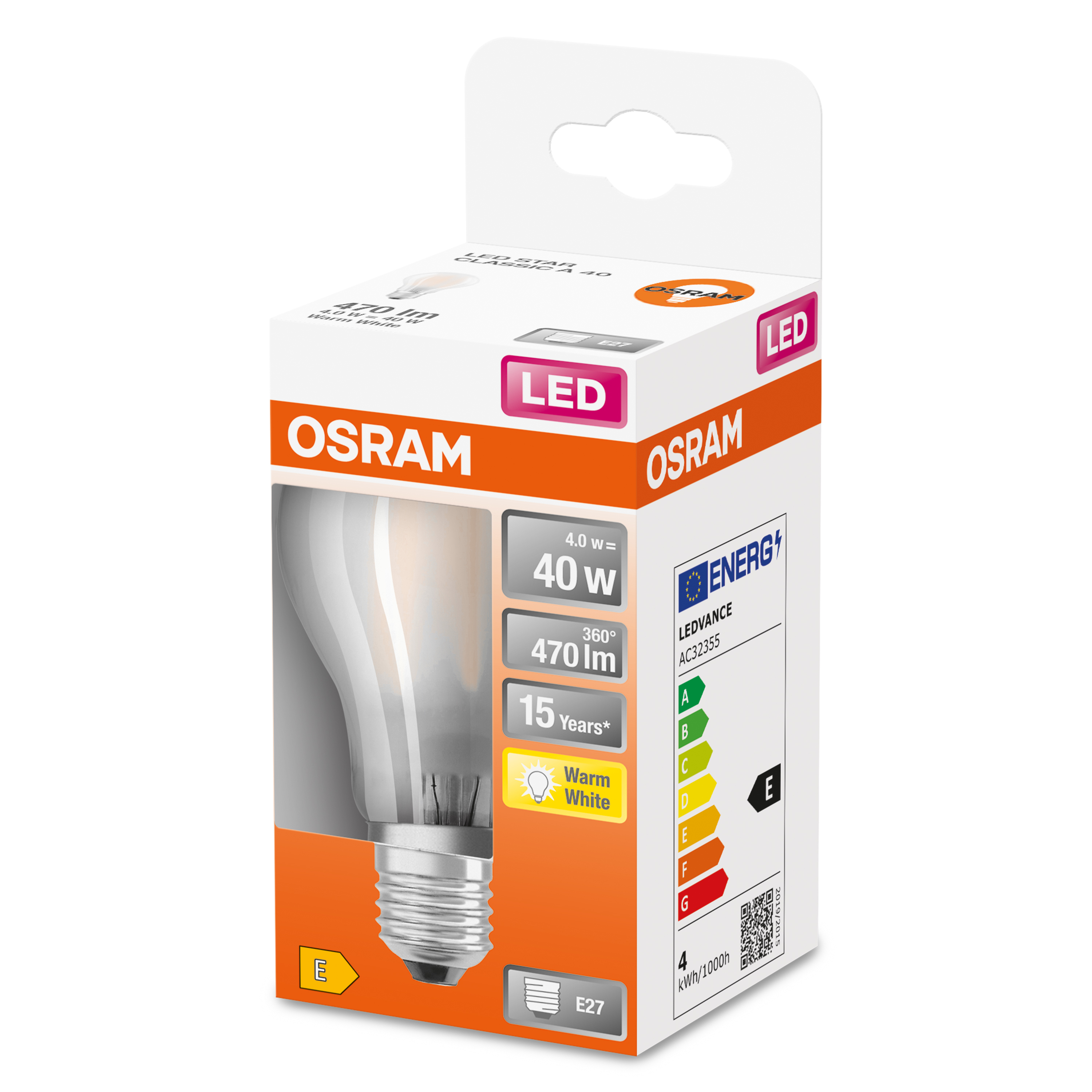 Una lampadina LED Osram in una scatola, che mostra i dettagli della lampadina e un'etichetta energetica.