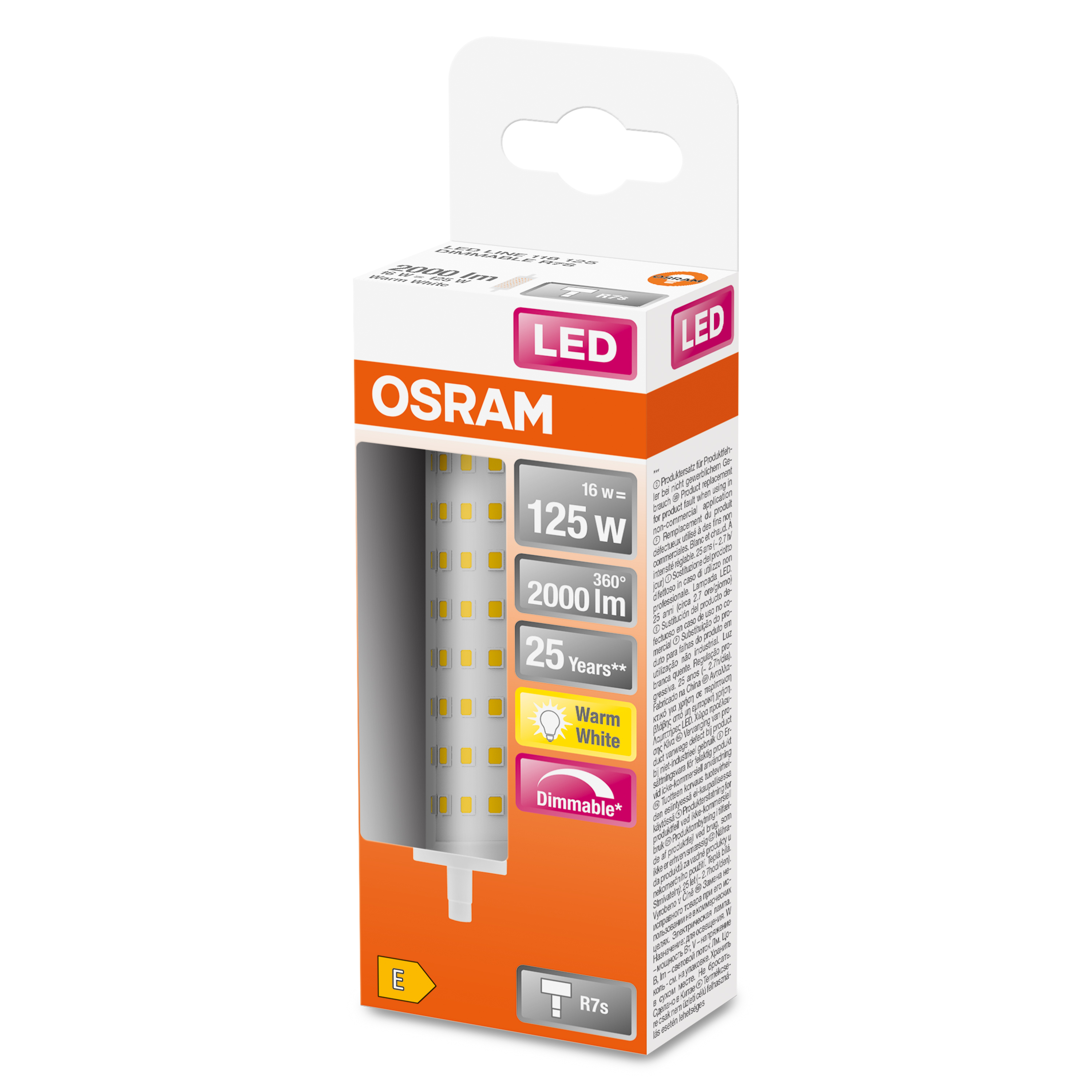 Opakowanie żarówki LED OSRAM. Żarówka widoczna. Tekst: 125W, 2000 lm, 25 lat, ściemnialna.