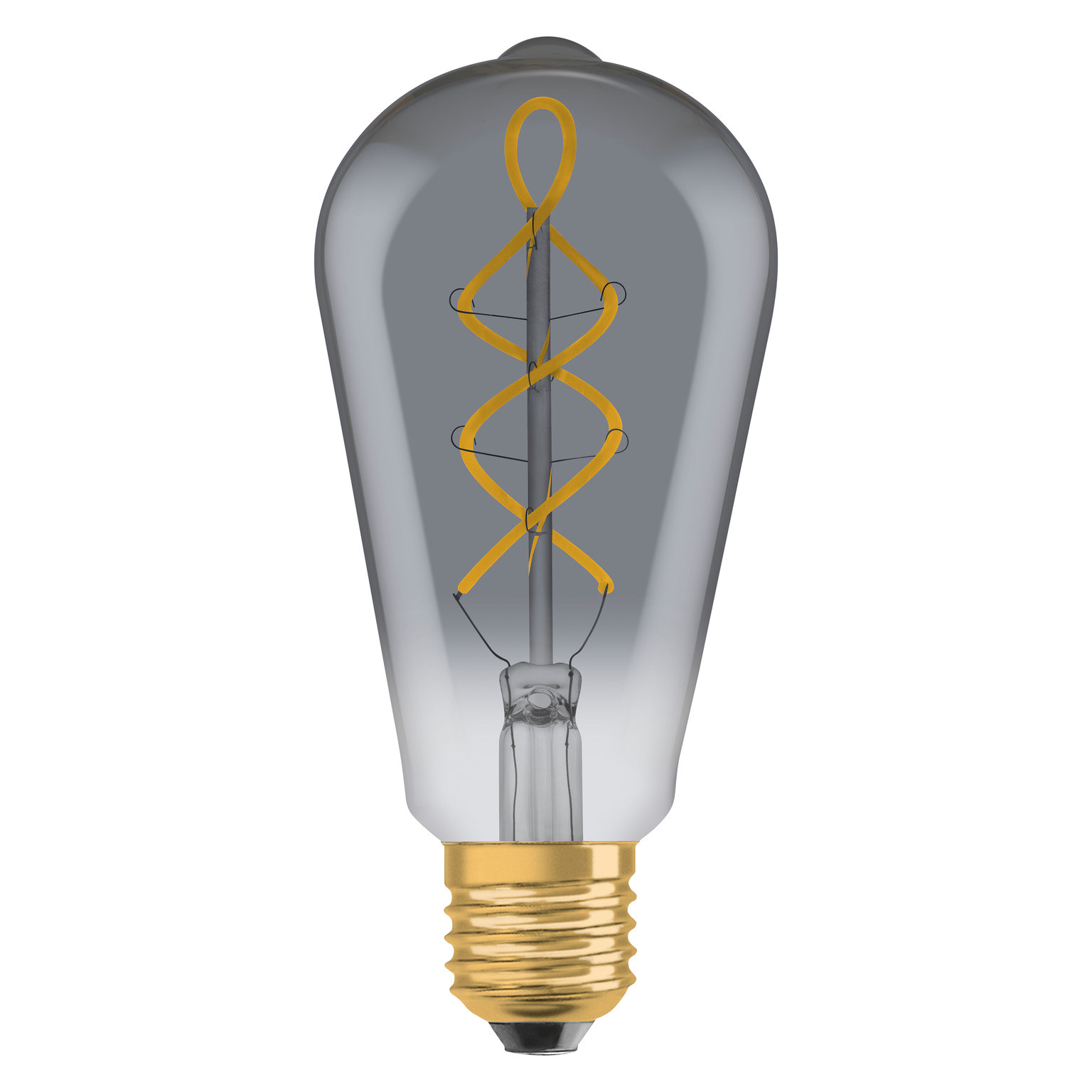 Graue tropfenförmige Glühbirne mit gelbem Glühfaden. Goldener Sockel und transparentes Glas.