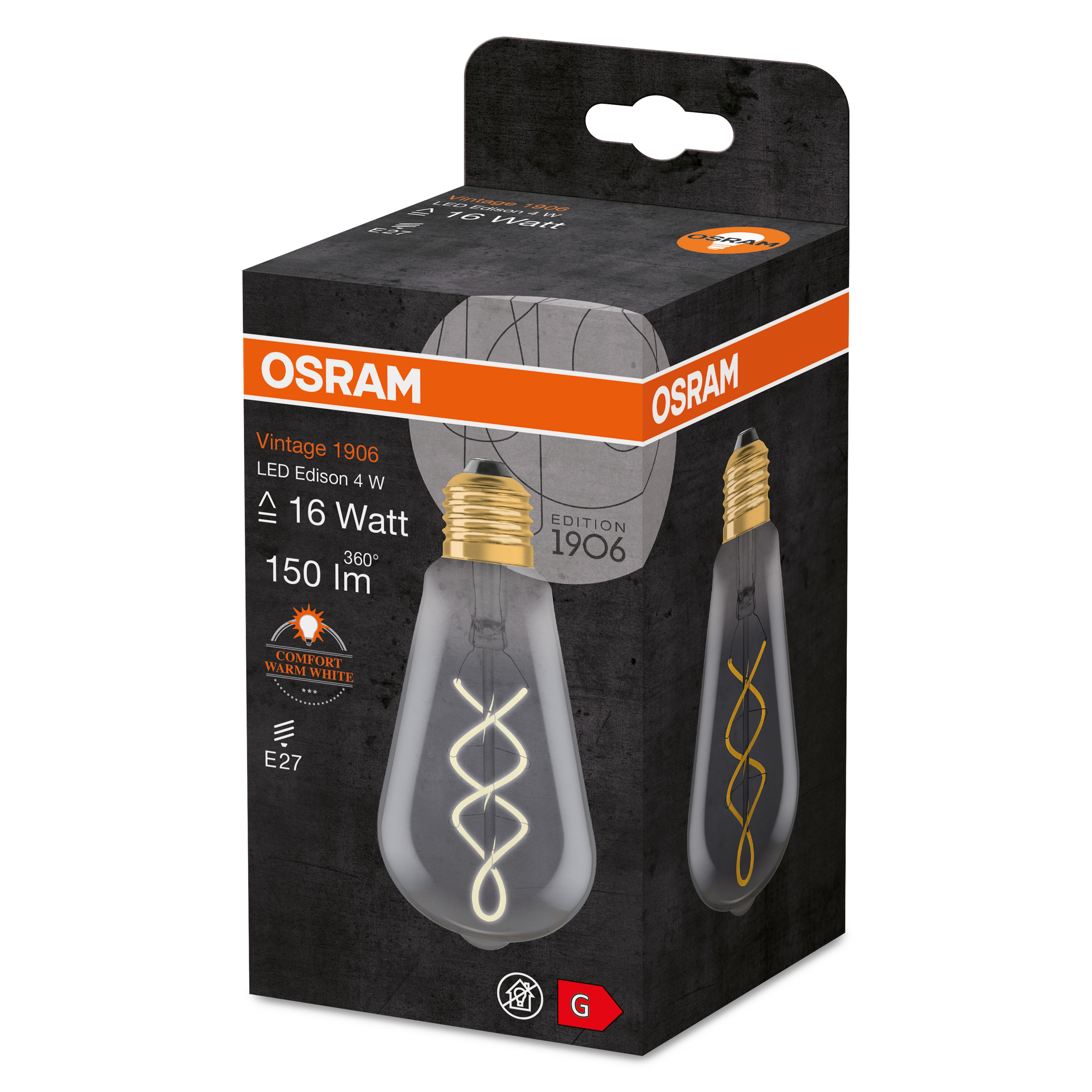 Osram Glühbirne in ihrer Box. Die Glühbirne hat einen Spiralfaden. Die Box ist schwarz und orange.